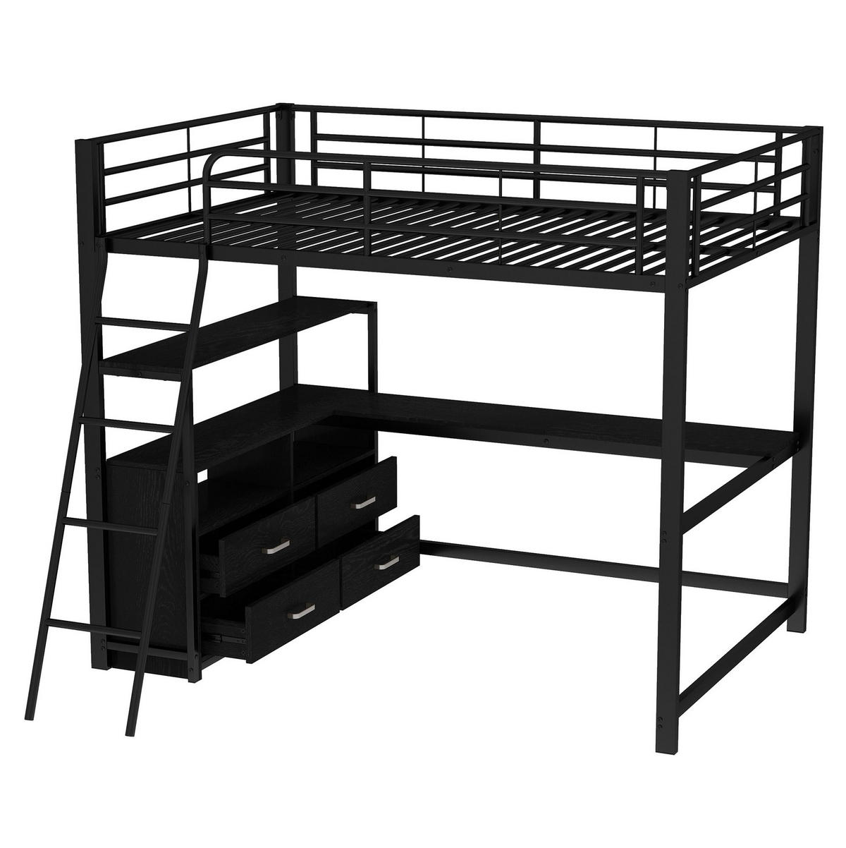 HOCHBETT 140/200 cm schwarz mit L-förmigem Schreibtisch und praktischen Schubladen - Schwarz, Metall (140/200cm) - OKWISH