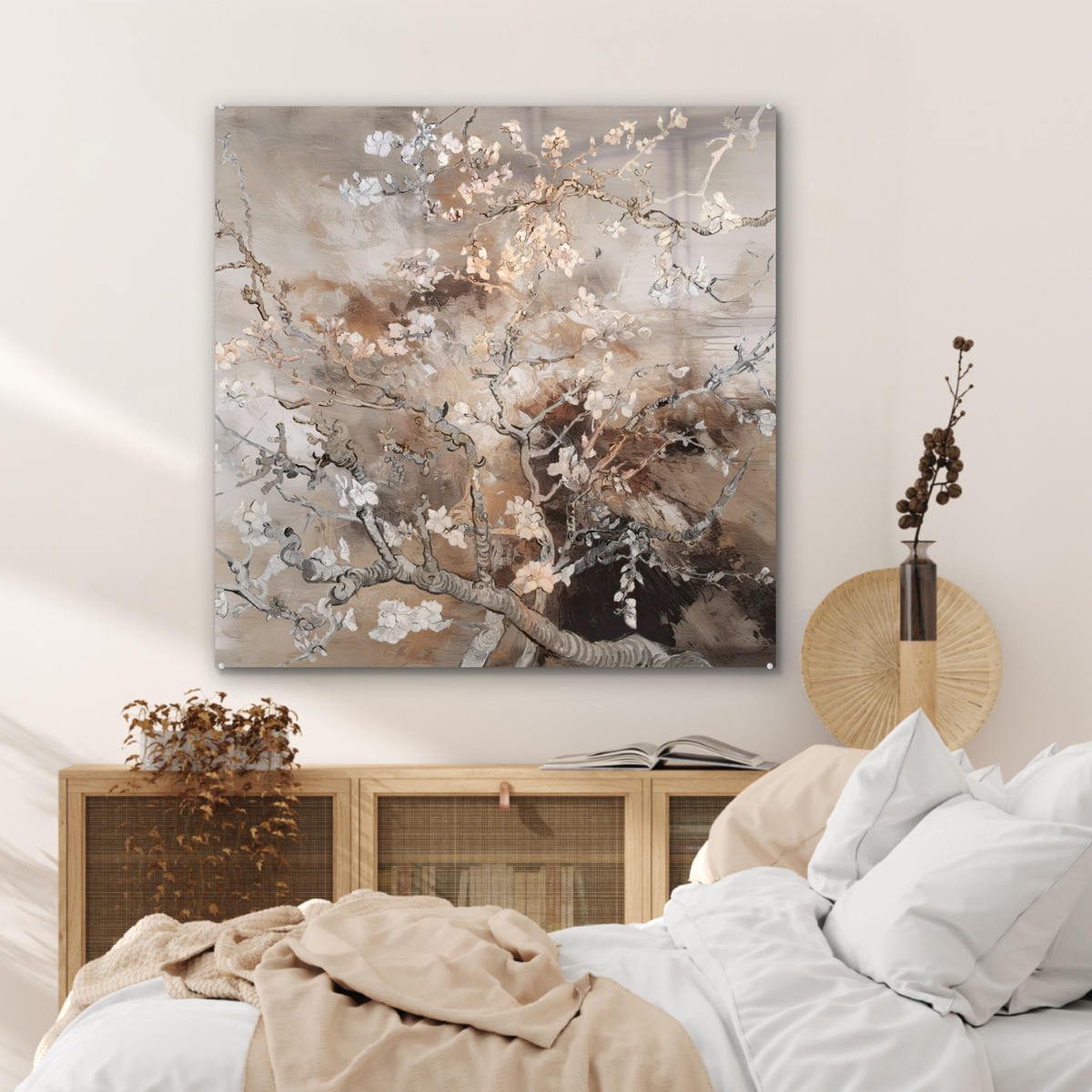 ACRYLGLASBILD Mandelblüte - Kunst - Van Gogh - Beige - Abstrakt 90x90 cm - Braun, Glas (90/90cm) - MuchoWow