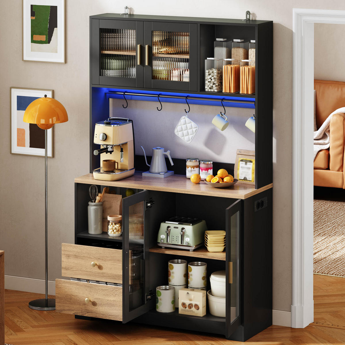 BUFFET 178 cm MDF Schwarz Holzoptik mit RGB-LED und Weinregal - Schwarz, Holzwerkstoff (40/178/110cm) - Korfee