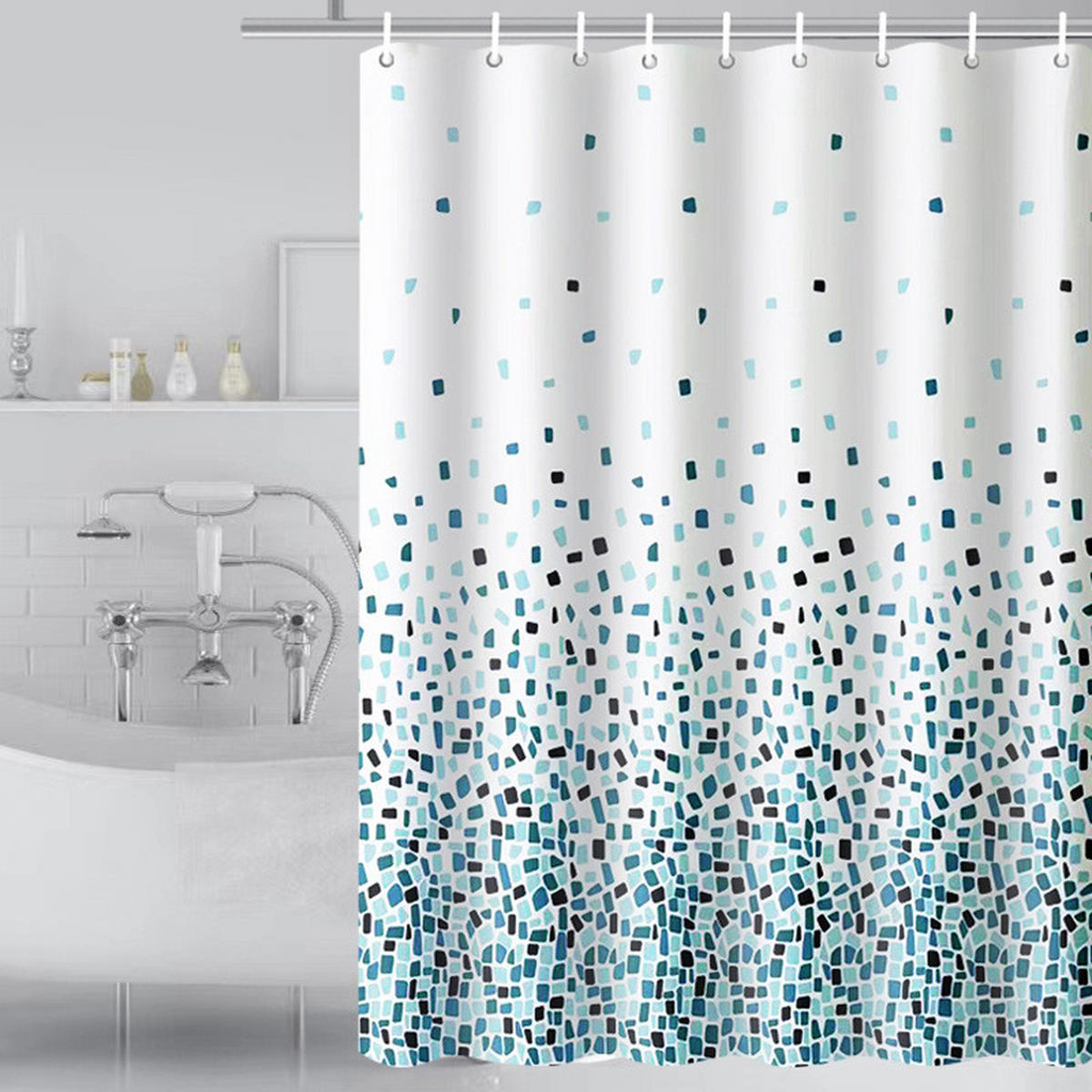 DUSCHVORHANG Mosaik Muster Blau für Badewanne und Badezimmer waschbar schimmelresistent antibakteriell 180 x 180 cm - Blau, Textil (180/180cm) - MCBOSON