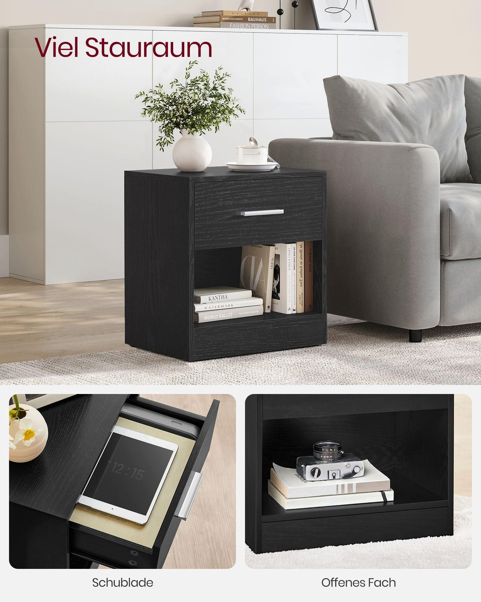 Thumbnail - Hansiro Nachttisch, Schwarz, Holzwerkstoff, 39x41x28 cm, Schlafzimmer, Nachttische