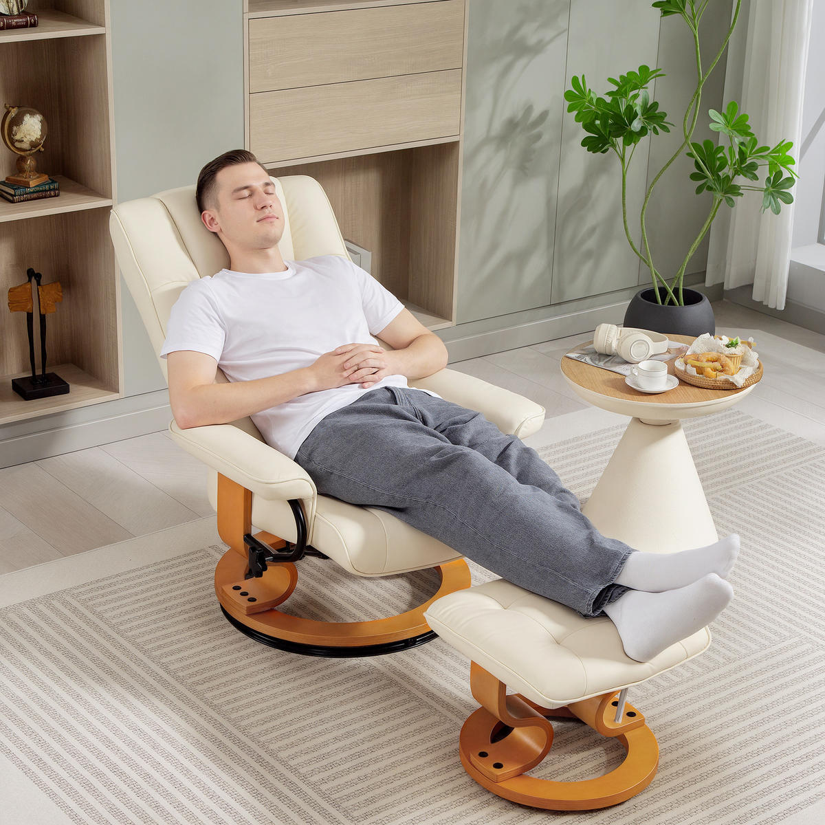 RELAXSESSEL DE-17407 130° neigbar, 360° drehbar mit Fußstütze Creme - Creme, Holz (85/104/76cm) - ComfortXL