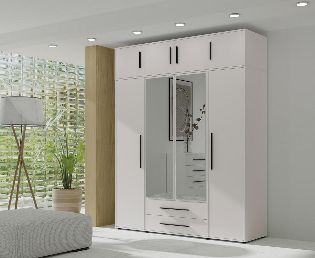 KLEIDERSCHRANK Maxivo Weiß, viertüriger Kippschrank mit Schubladen und Spiegel, Erweiterung - Schwarz/Weiß, Holzwerkstoff (198/248/59cm) - Bettso