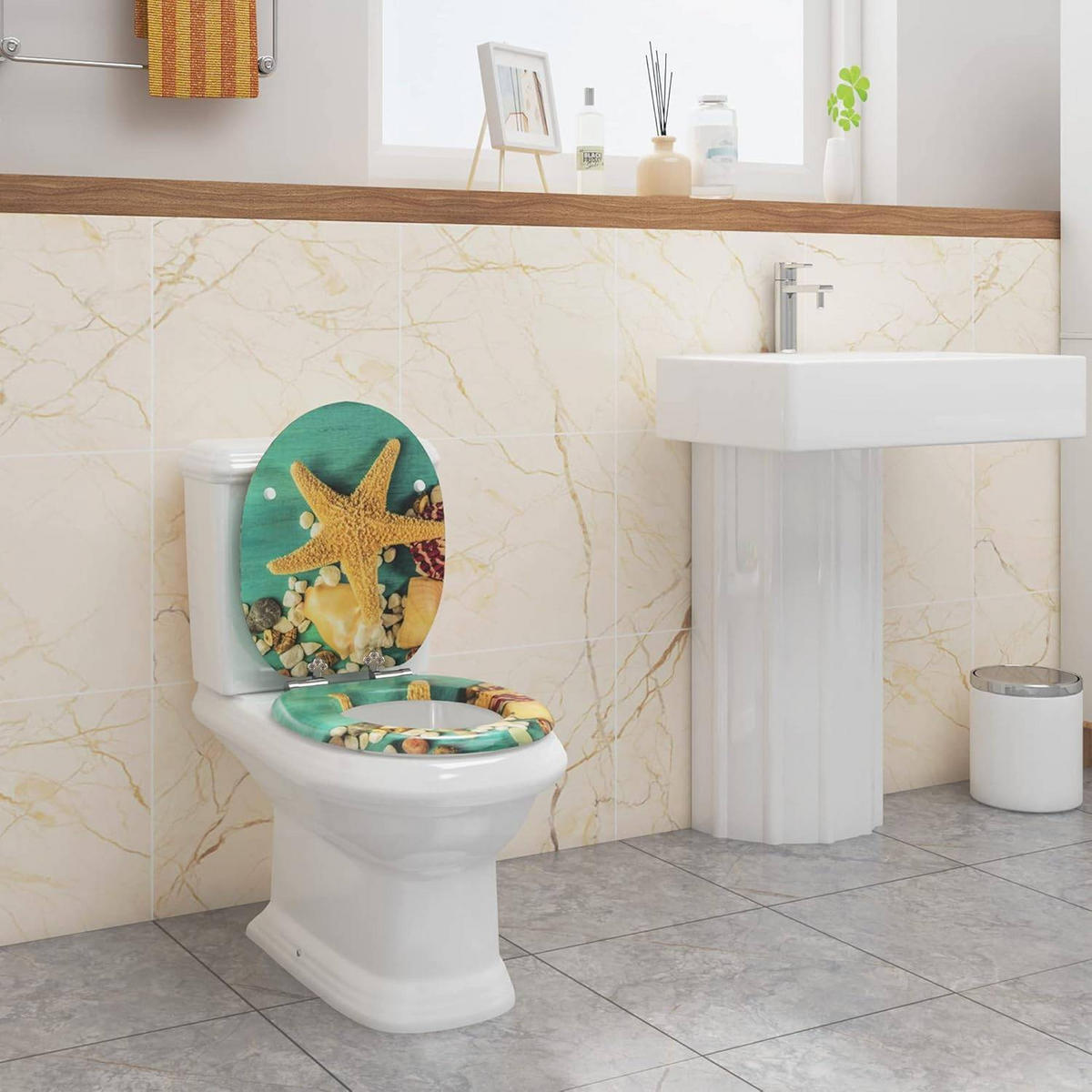 WC SITZ mit Absenkautomatik, MDF Holzkern,Groß Seestern - Gelb/Grün, Holzwerkstoff (37/2.5/43cm) - Woltu