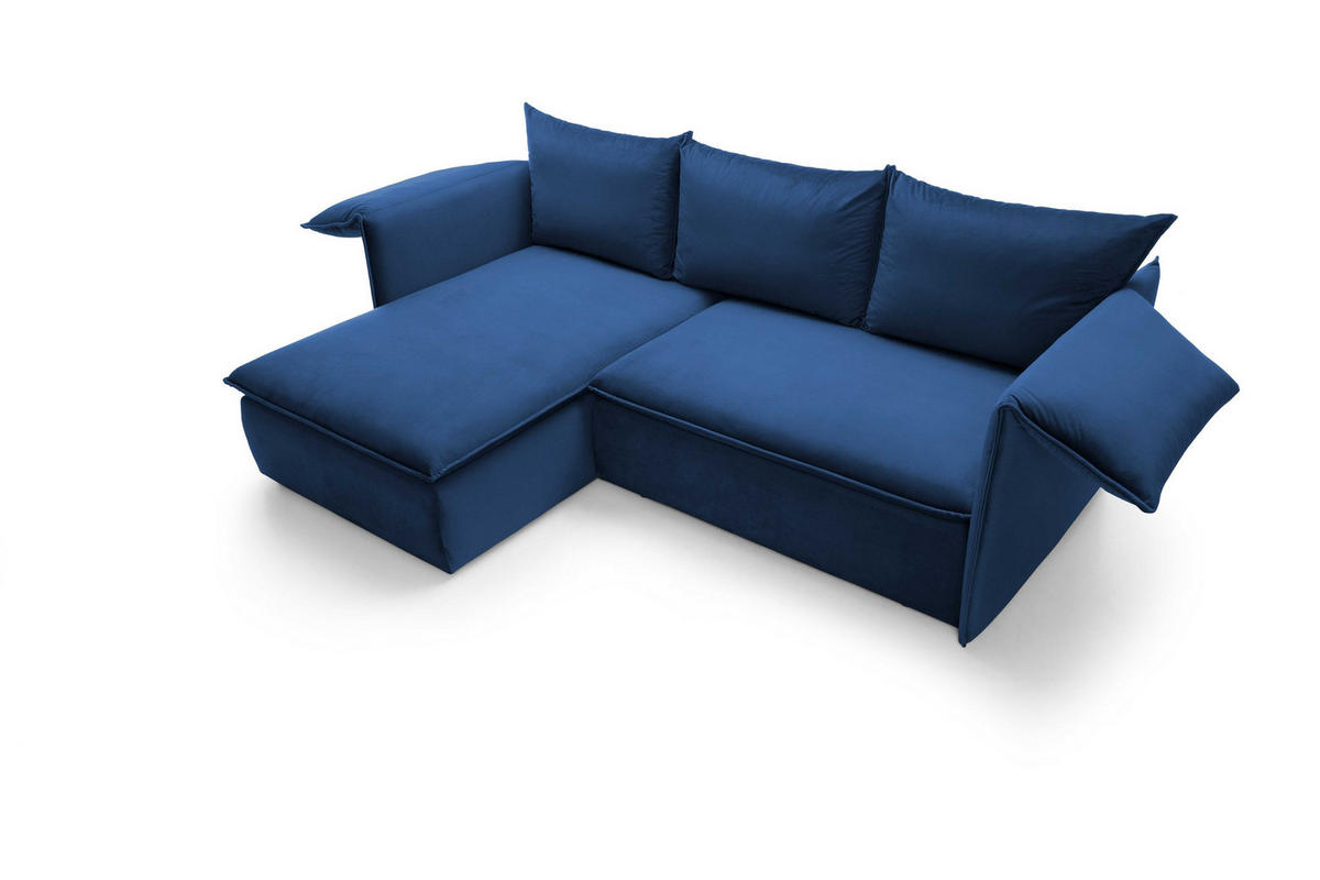 ECKSOFA PREGIO Blau Plüsch-Stoff mit Schlaffunktion - Blau, Holz (230/166cm) - MASSENO
