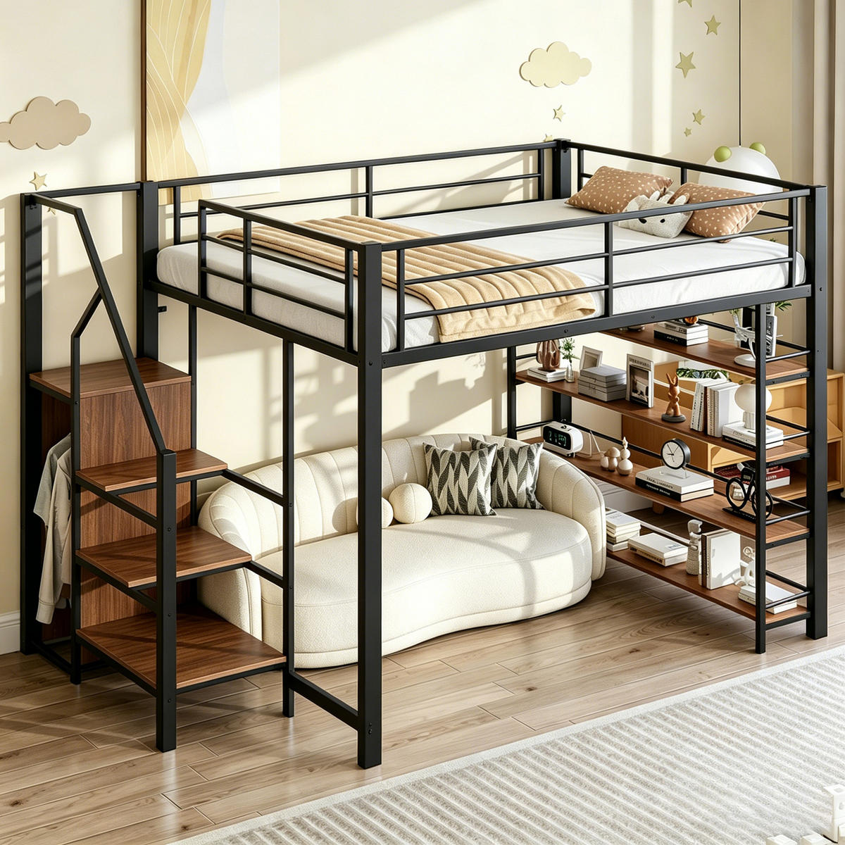 HOCHBETT 140/200 cm aus Metall mit Stauraumtreppe und Kleiderschrank, Schwarz - Schwarz, Metall (140/200cm) - OKMYHOME