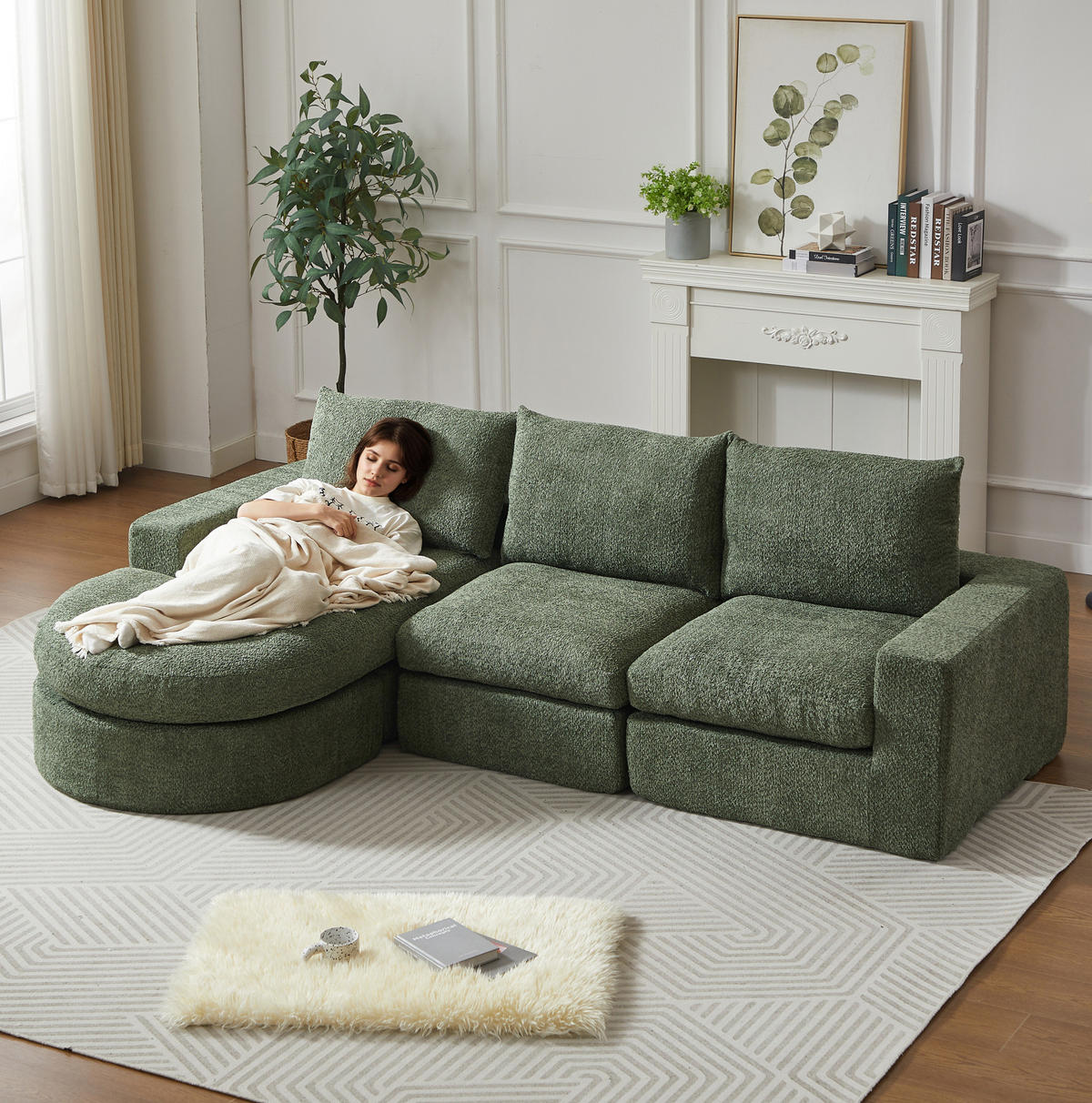 SOFA modular mit Chaiselongue 251 x 160 x 81 cm Chenille Green 4-teilig - Grün, Kunststoff (160/250cm) - Meubliv