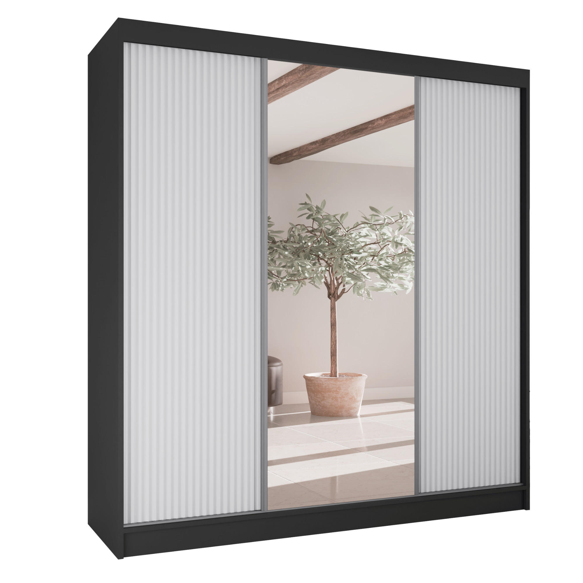 SCHWEBETÜRENSCHRANK Rafi mit Spiegel und mit geriffelten Fronten, 200 cm, Schwarz+Weiß - Schwarz/Weiß, Holzwerkstoff (200/215/61cm) - AN-Moebel 4u