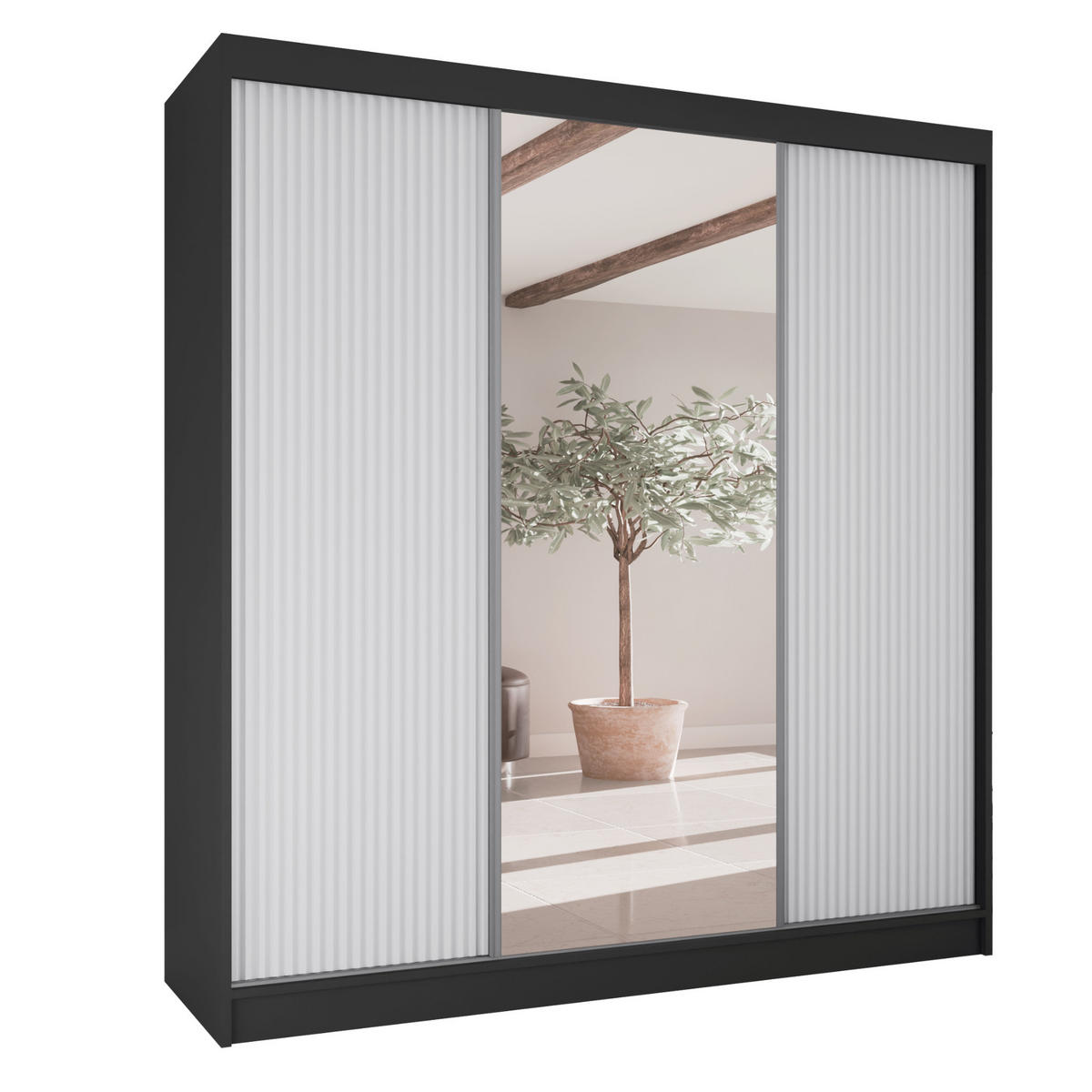 SCHWEBETÜRENSCHRANK Rafi mit Spiegel und mit geriffelten Fronten, 200 cm, Schwarz+Weiß - Schwarz/Weiß, Holzwerkstoff (200/215/61cm) - AN-Moebel 4u