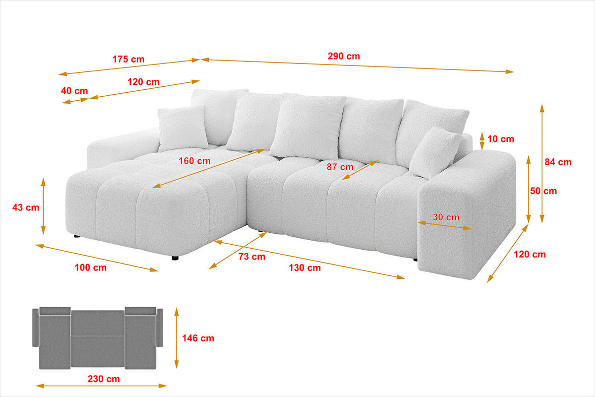 ECKSOFA Ottomane links/rechts ENIL-L 290x175x84 Weiß Bouclé - Weiß, Holzwerkstoff/Kunststoff (290/175cm) - ALTDECOR