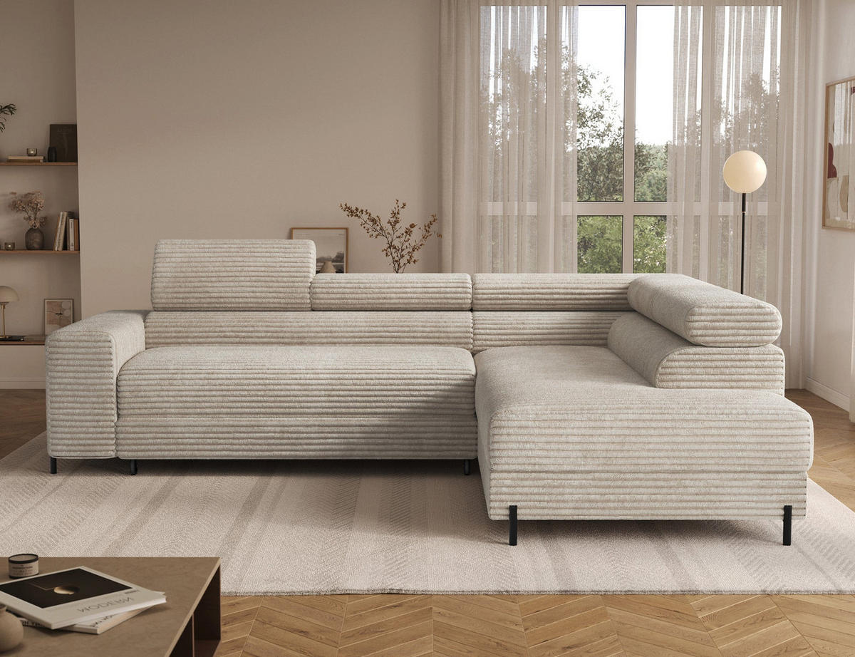 ECKSOFA COLESIO L-Form, Schlaffunktion, Bettkasten, verstellbare Kopfstützen, Wellenfederung, Metallfüße, breiter Cordstoff - Creme/Schwarz, Kunststoff/Metall (204/269cm) - Wohnideebilder