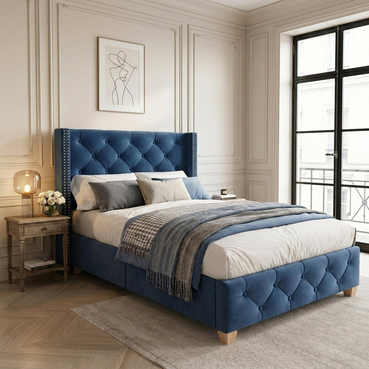 POLSTERBETT 90/200 mit Lattenrost und Knopfpolsterung in Blau - Blau, Holzwerkstoff/Textil (90/200cm) - EVRYAE