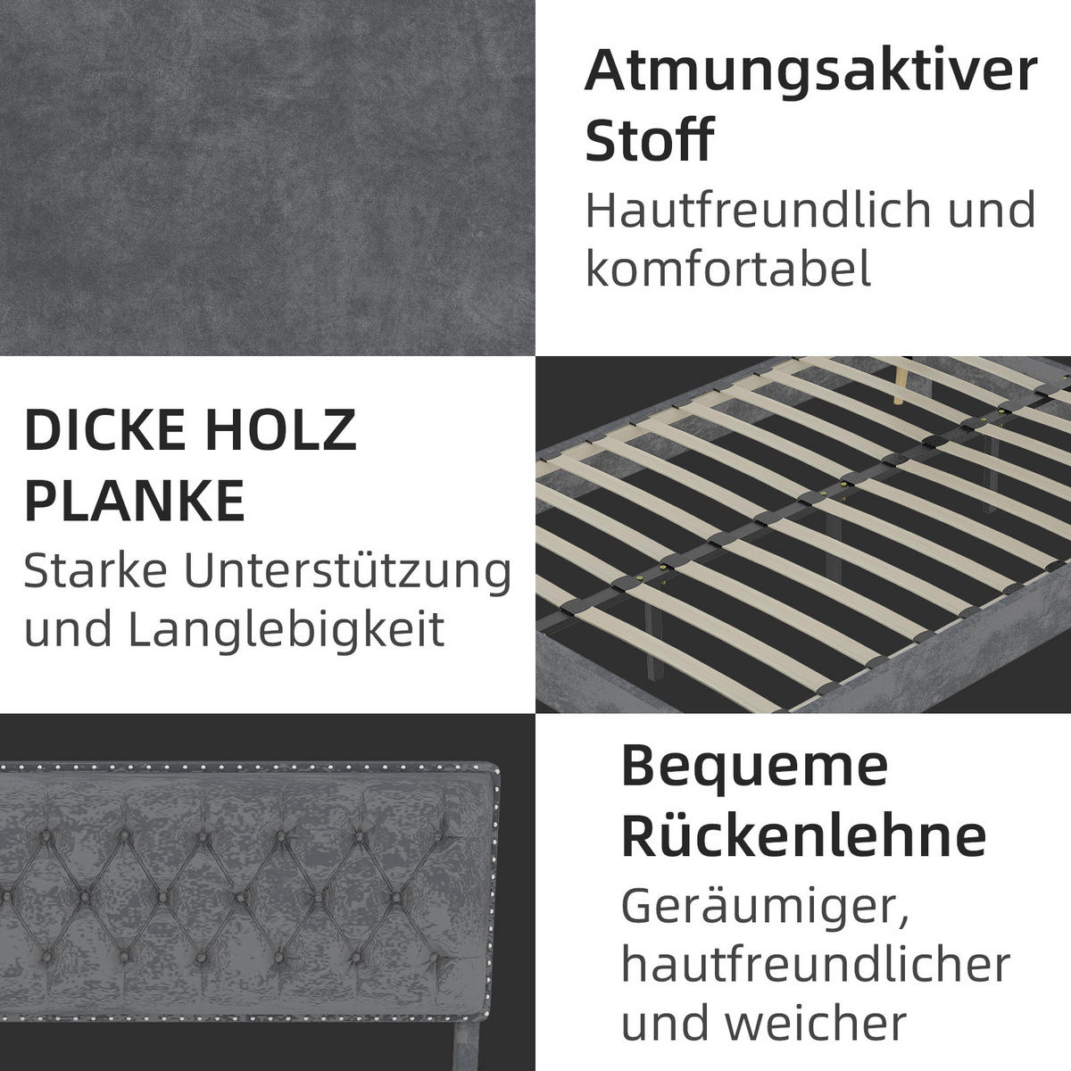 POLSTERBETT 140x200 cm Samt ohne Stauraum grau - Grau, Textil (140/200cm) - LEBENLANG