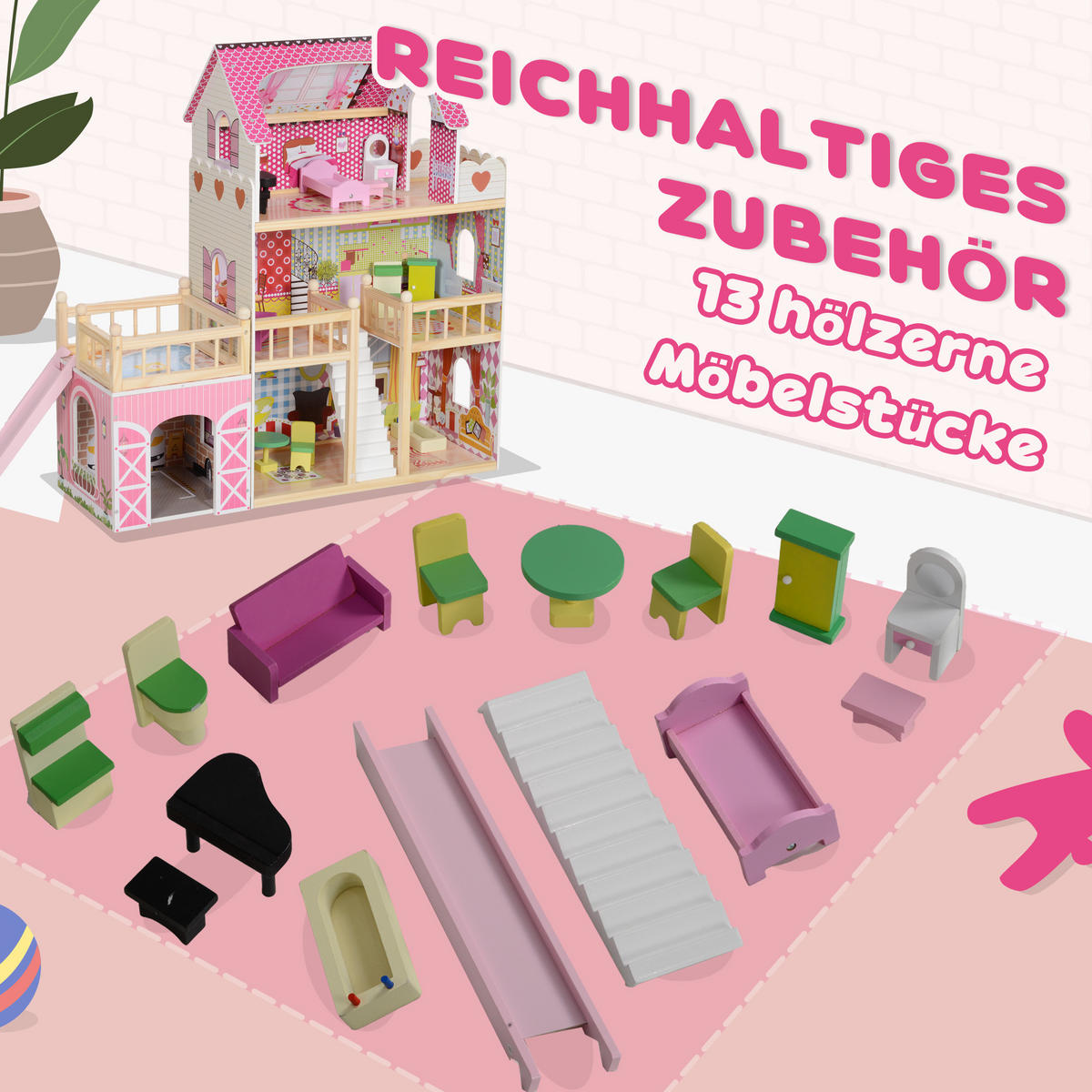 PUPPENHAUS - Rosa, Holzwerkstoff (32/92.1/114.5cm) - AIYAPLAY