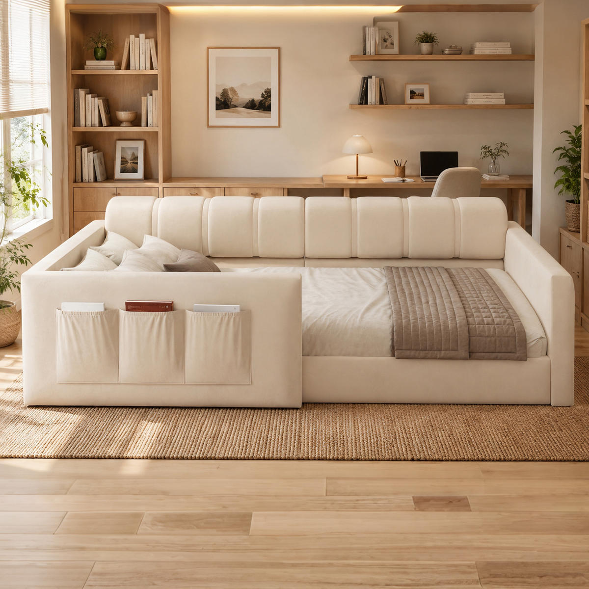 POLSTERBETT 90/200 cm in Beige Samt mit Kopfteil und Staufächern - Beige, Holzwerkstoff/Textil (90/200cm) - WISHDOR