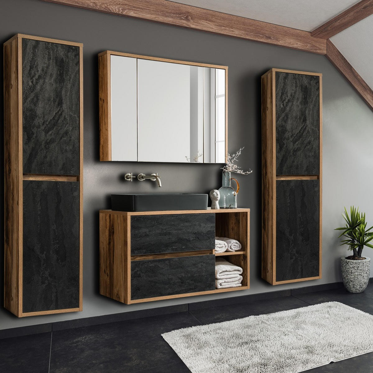 WASCHBECKENSCHRANK Harlow-56 - Anthrazit/Braun, Holzwerkstoff (100/71/46cm) - Lomado