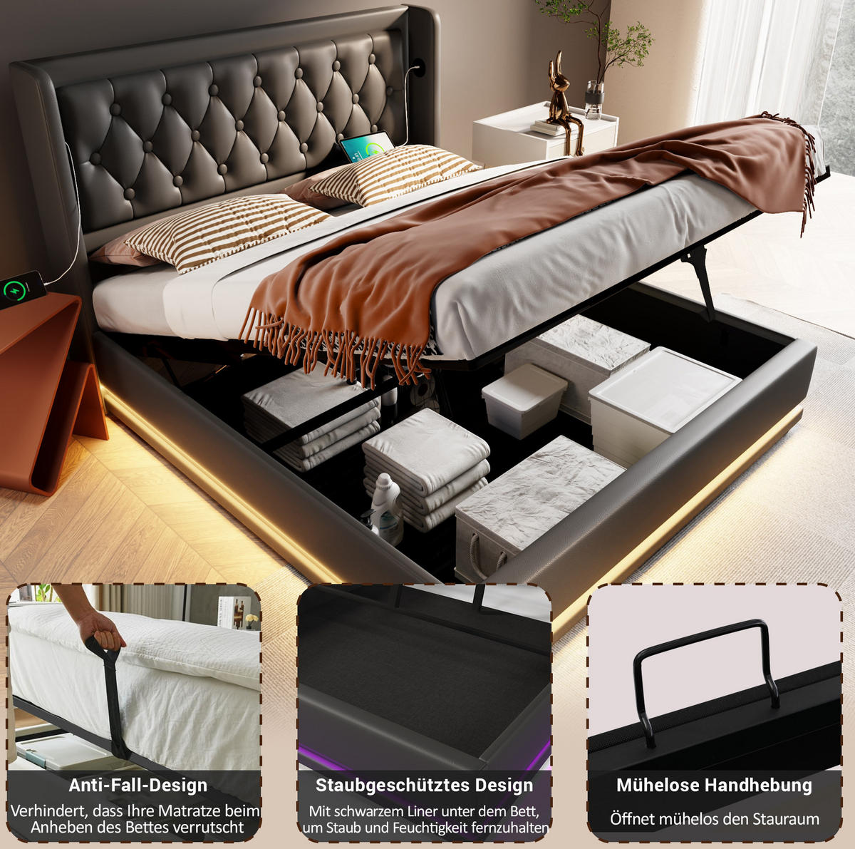 POLSTERBETT mit LED-Beleuchtung 180/200 cm in Schwarz mit Bettkasten & USB-C - Schwarz, Kunststoff (180/200cm) - BEAOK