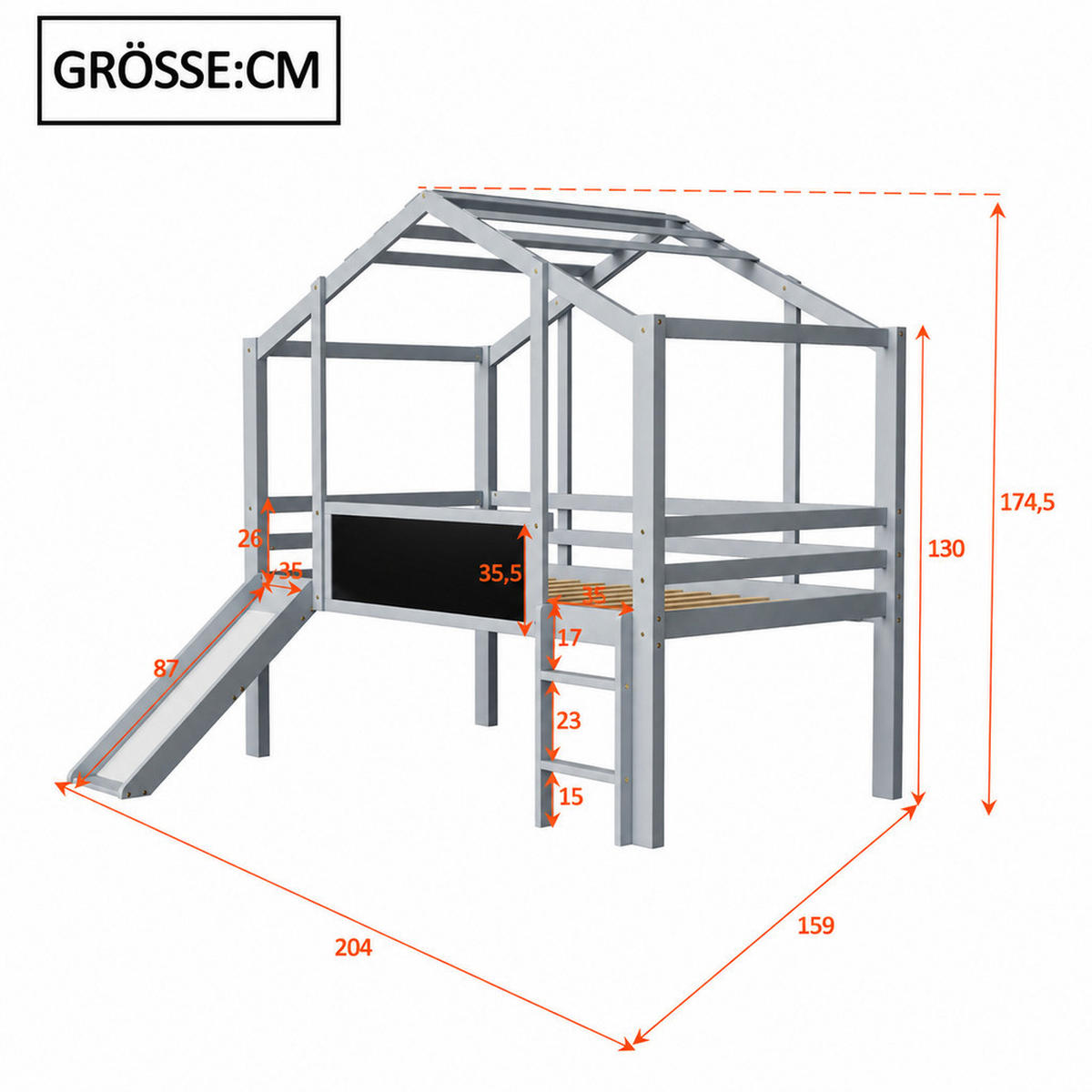 HOCHBETT 90/200 cm Grau mit Sicherheitsleiter, Sicherheitsrutsche und Graffiti-Tafel - Grau, Holz (90/200cm) - Oxeza