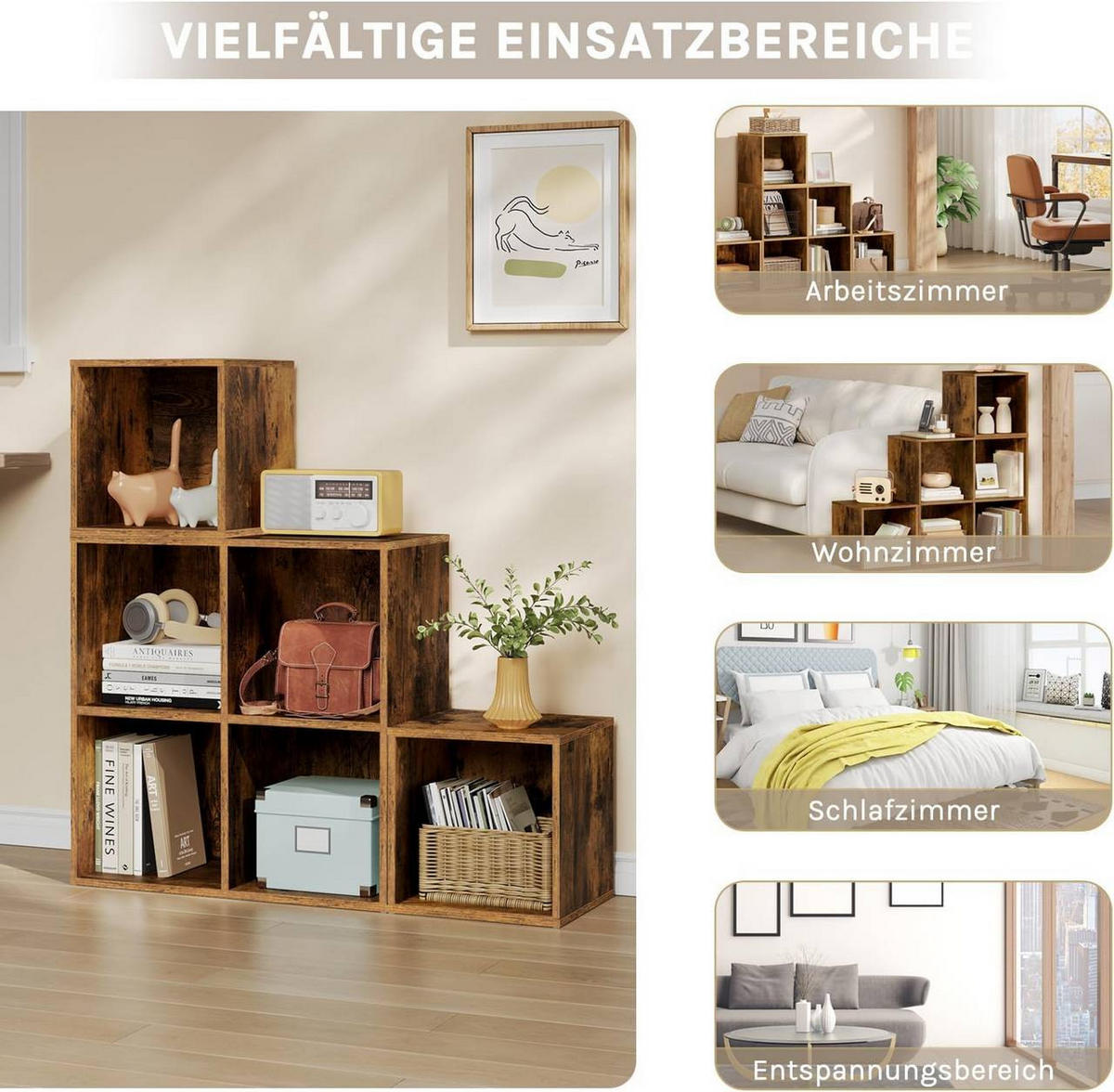 REGAL Bücherregal mit 6 Fächern, Stufenregal, 90x90x30 cm, Vintagebraun - Dunkelbraun, Holzwerkstoff (90/90/30cm) - Woltu