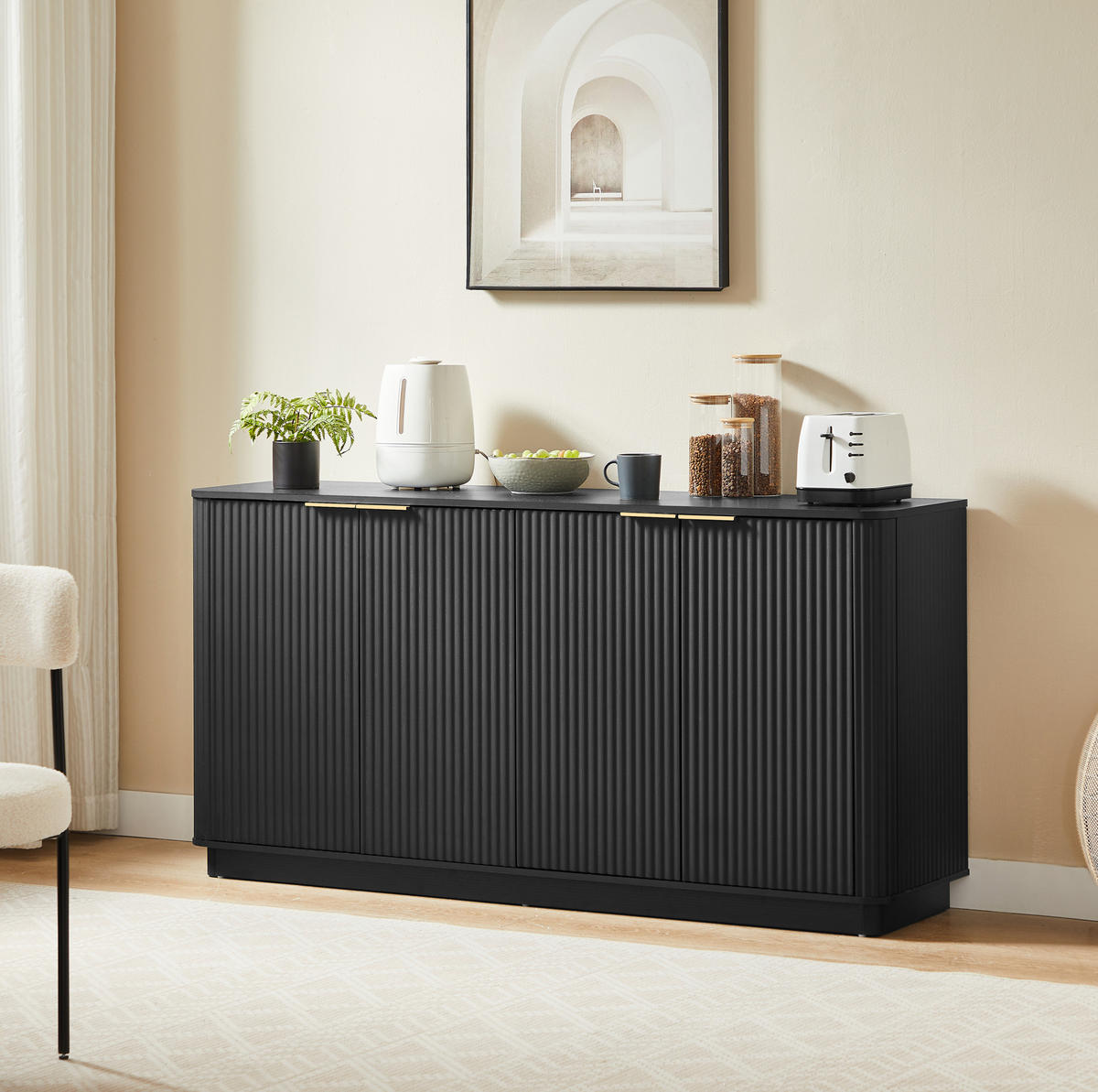 SIDEBOARD aus MDF 160x40x80 cm Schwarz mit 4 Türen und viel Stauraum in Wellenoptik - Schwarz, Holzwerkstoff (160/80/40cm) - Modfu