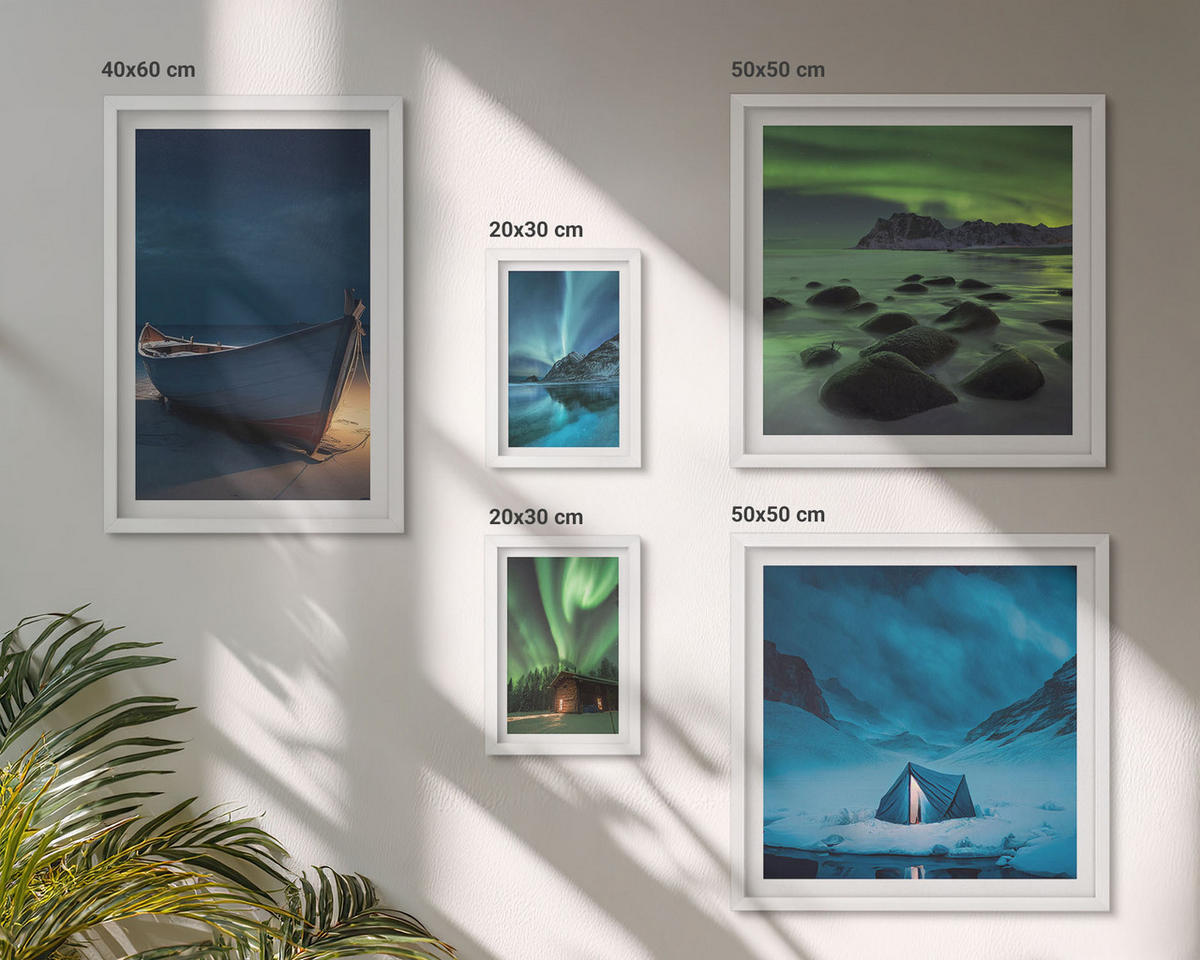 WANDBILDER 5er-Set - 50x50 cm & 20x30 cm & 40x60 cm Weißer Rahmen - Winterlandschaften, Nordlichter, Berge - Weiß, Kunststoff (40/60cm) - ArtPrintCave