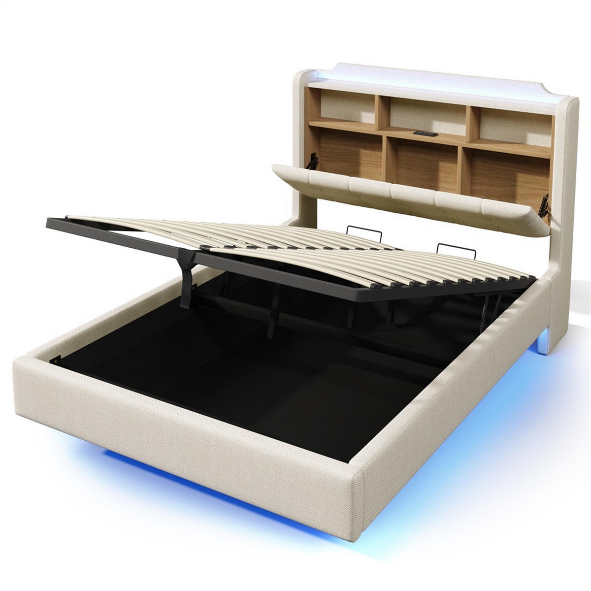 POLSTERBETT 140x200 cm mit LED-Beleuchtung und hydraulischem Stauraum - USB/Typ-C & Klappfach - Beige - Beige, Textil (140/200cm) - DELFA