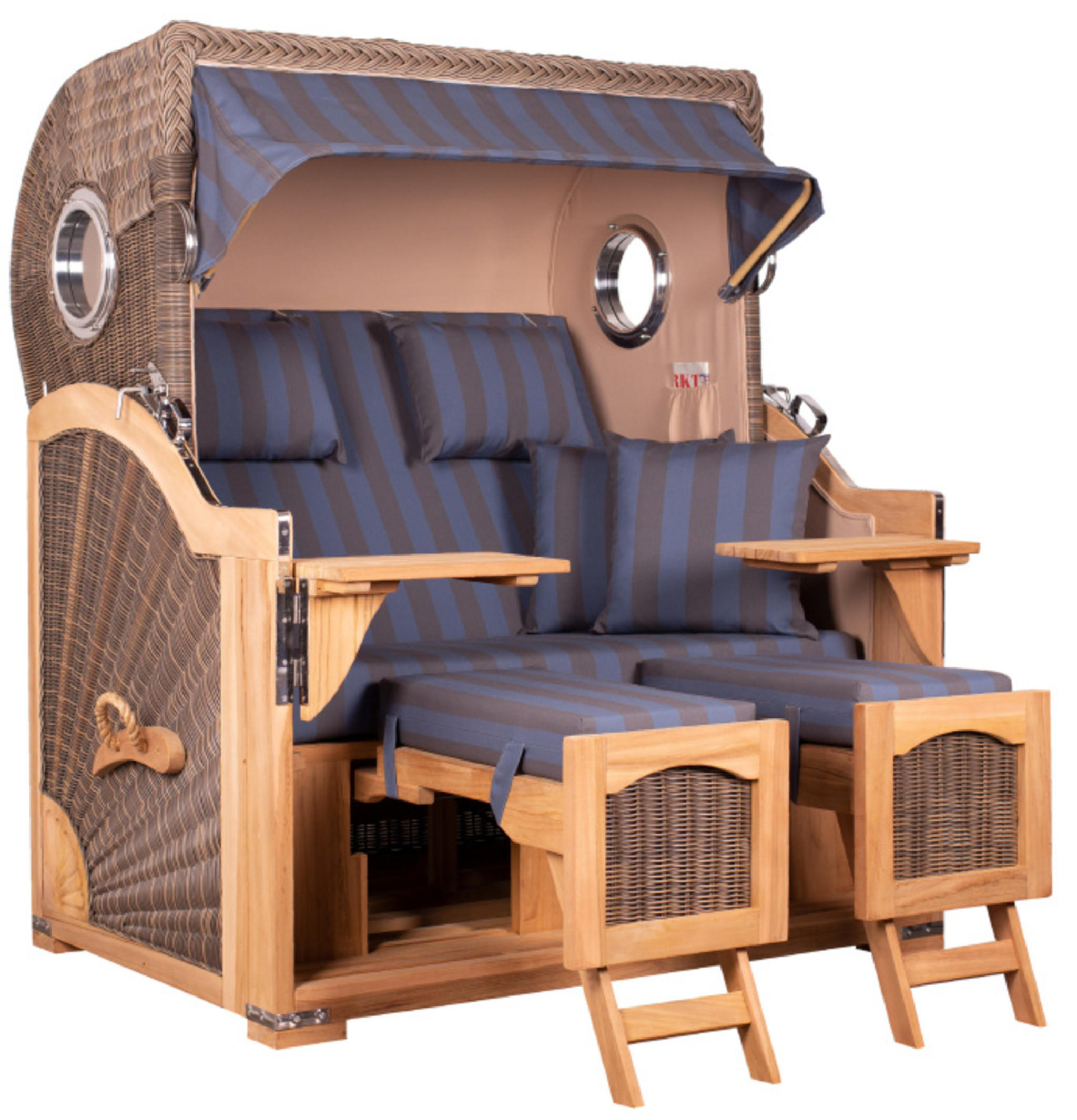 STRANDKORB Düne Grande Bullauge Teak PE Grey Dessin 582 - Blaugrau/Braun, Metall (142/170/95cm) - Mr. Deko