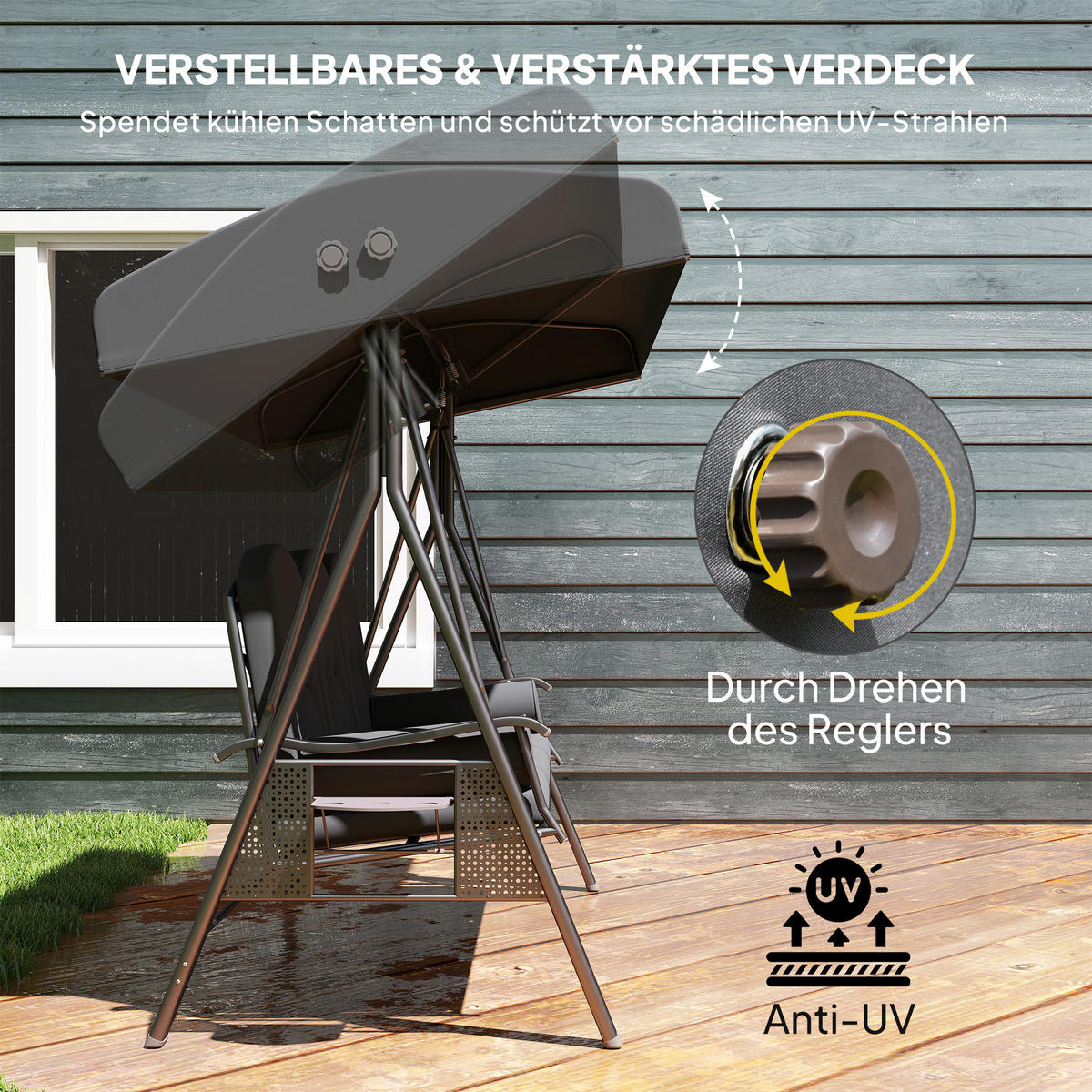 HOLLYWOODSCHAUKEL 3-Sitzer Gartenschaukel mit Sonnendach Tablett Sitzauflage - Dunkelgrau, Textil/Metall (121/172/208cm) - Outsunny