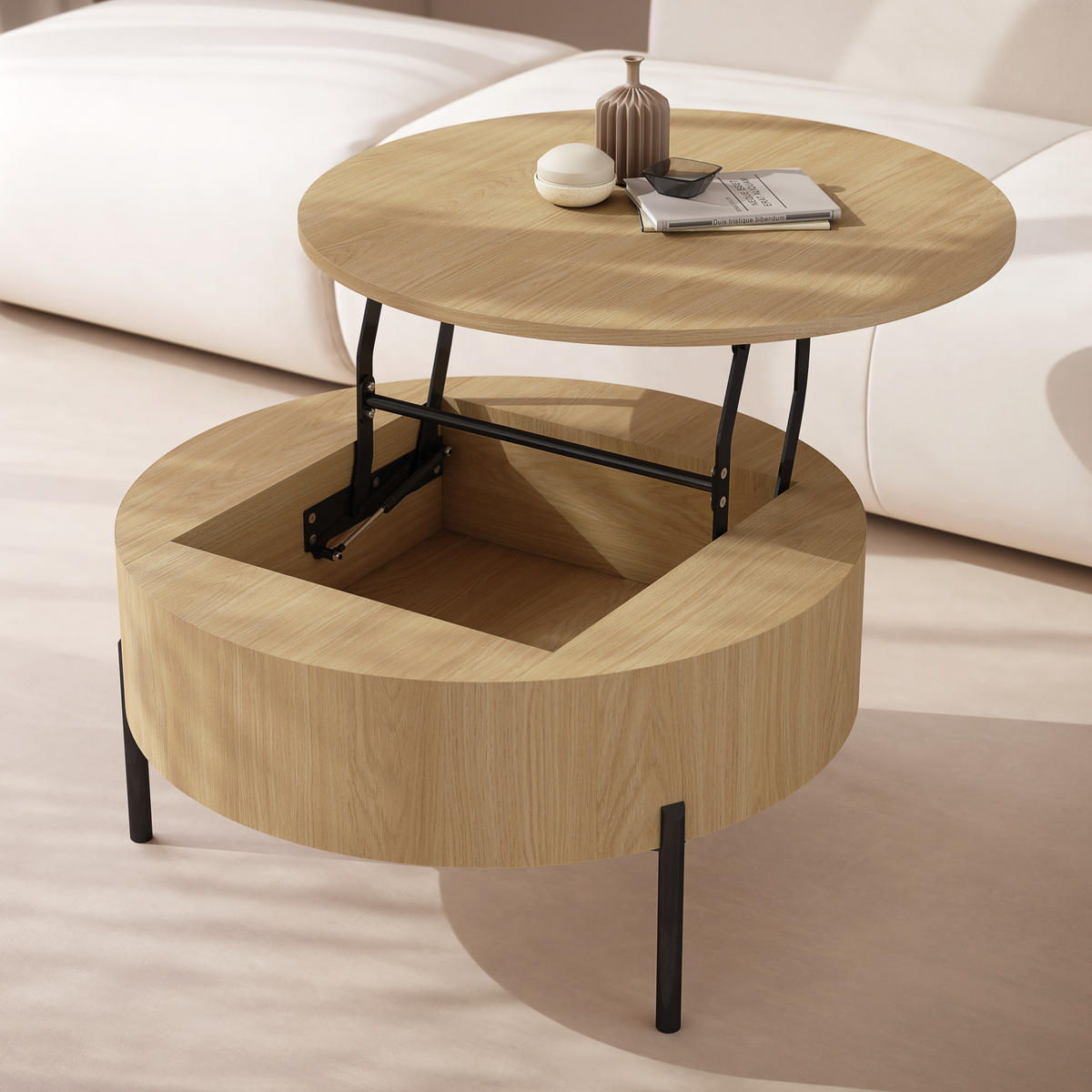 COUCHTISCH rund aufklappbar höhenverstellbar Stauraum 79/79/42 cm - Eichefarben, Holzwerkstoff (79.5/79.5/42.7cm) - designimpex