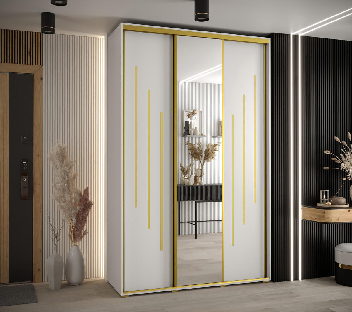 SCHWEBETÜRENSCHRANK 235,2/160/60 3-türig - Goldfarben/Weiß, Holz/Metall (160/235/60cm) - Abiks Möbel