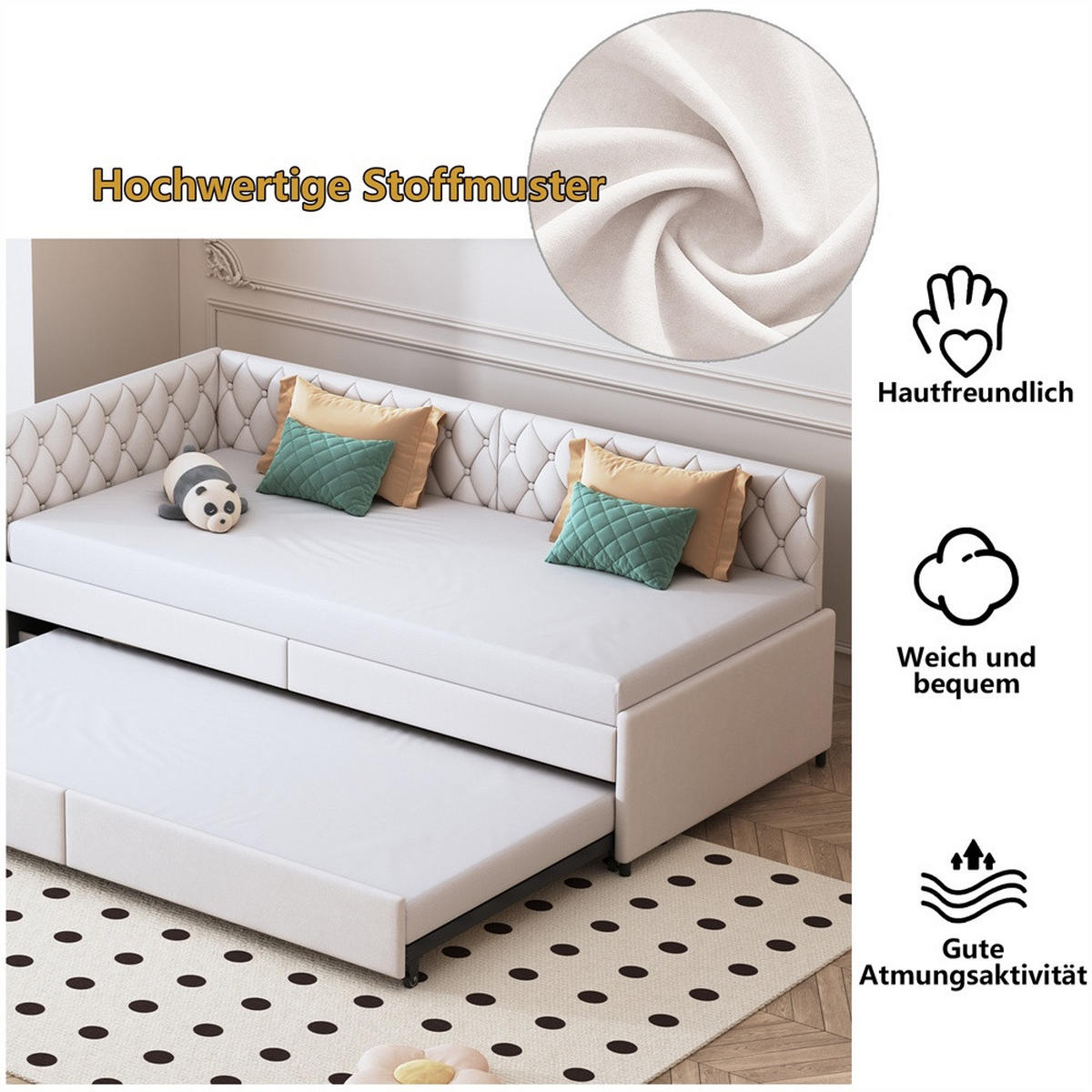 POLSTERBETT 90x200 cm mit Ausziehbares Bettgestell - Kopfteil im Nieten-Design - ohne Matratze - Samtstoff - Beige - Beige, Textil (90/200cm) - DELFA