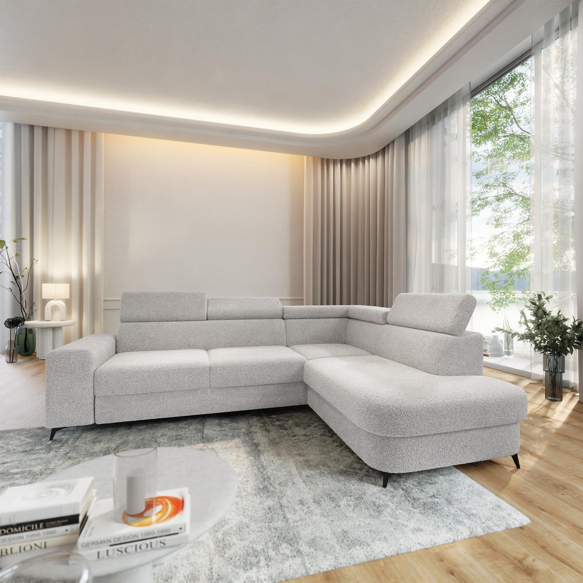 ECKSOFA ALVORO R-S Hellgrau Boucle-Stoff mit Schlaffunktion - Hellgrau, Holz (253/190cm) - MASSENO