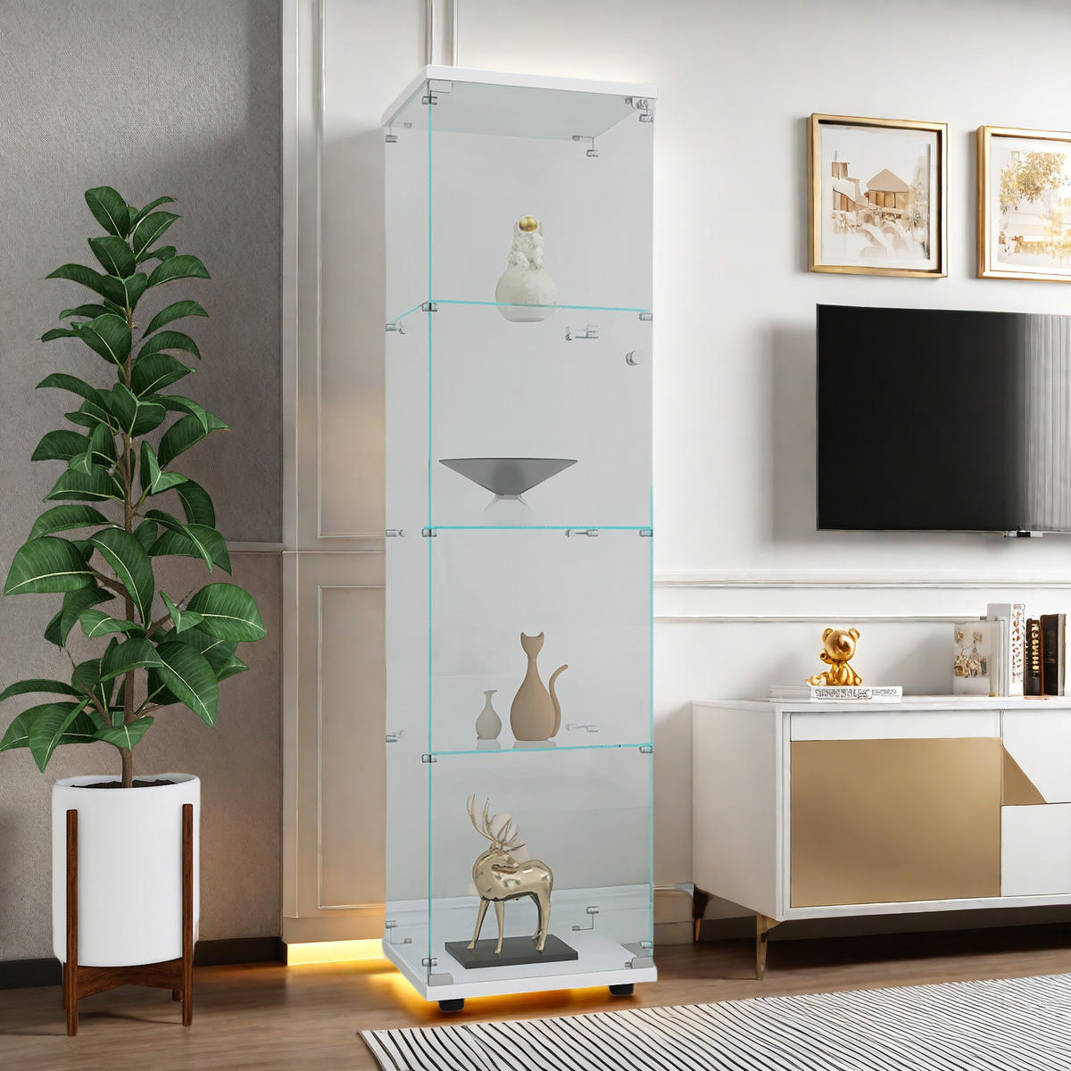 STANDVITRINE 42x164cm Weiß mit 4 Böden, abschließbar - Weiß, Glas (14.37/64.56/16.73cm) - SHOPENTRA