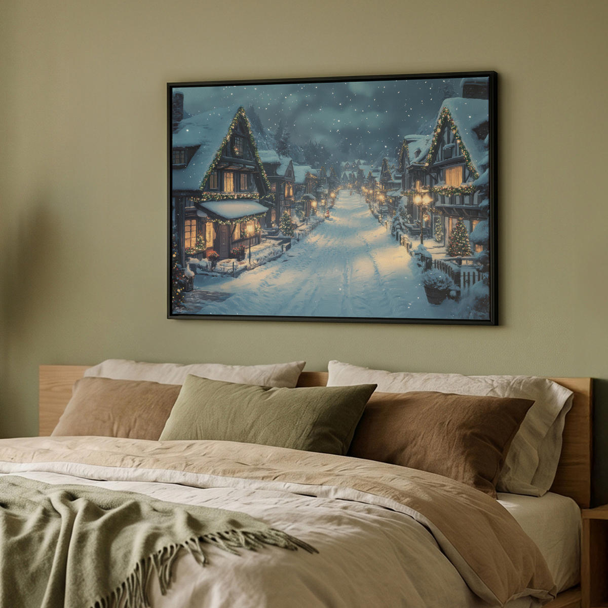 LEINWAND Bilder mit Rahmen - Weihnachtsdorf - Weihnachten - Schnee - Winter - 100x70 - Dunkelblau, Textil (100/70cm) - MuchoWow