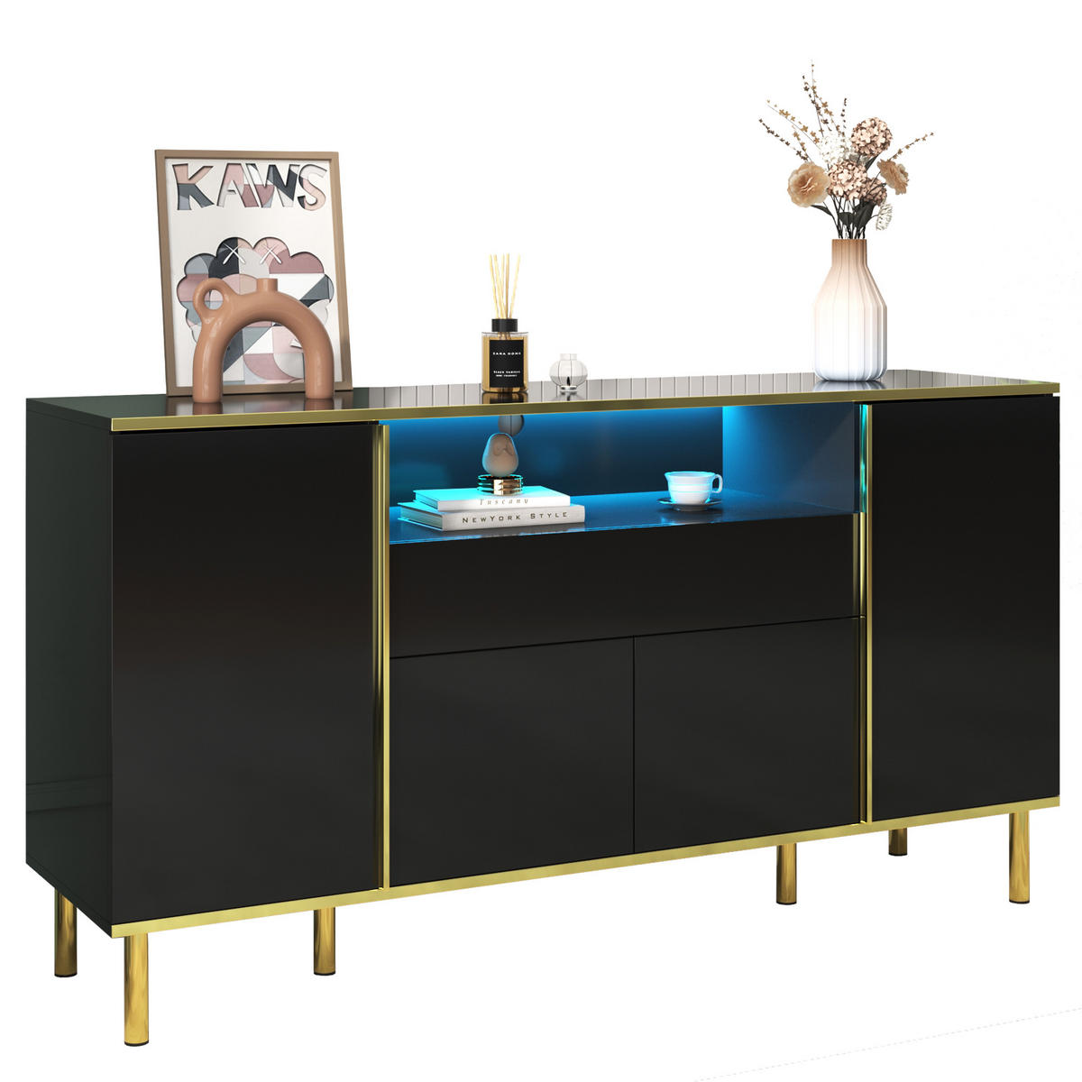 SIDEBOARD in Hochglanz Schwarz mit goldenen Akzenten, 4 Türen, 1 Schublade und LED-Beleuchtung, 150/40/80 cm, Schwarz - Schwarz, Holzwerkstoff (150/80/40cm) - Redom