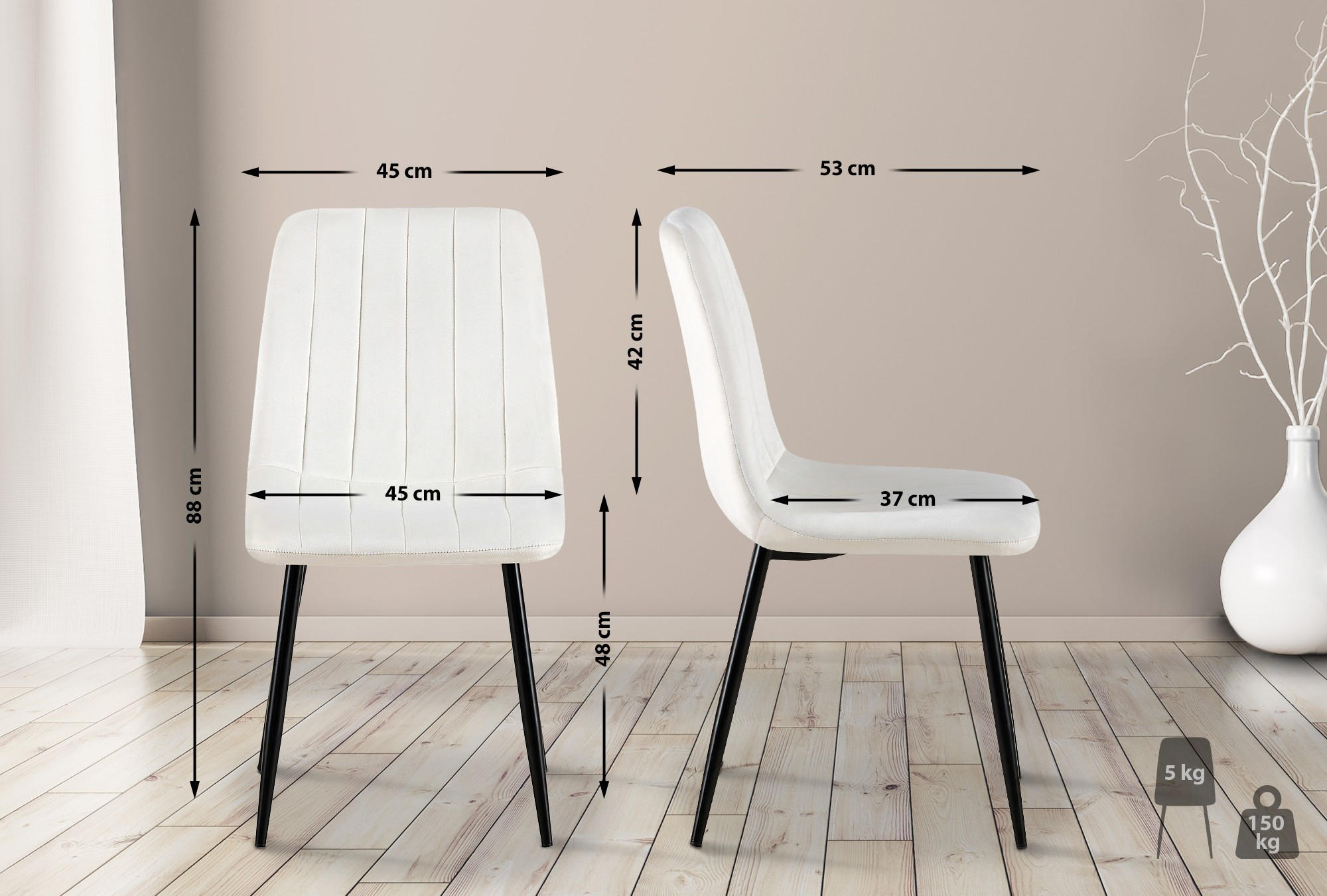 STUHL Samt Cremeweiß - Schwarz/Weiß, Textil/Metall (45/88/53cm) - CLP