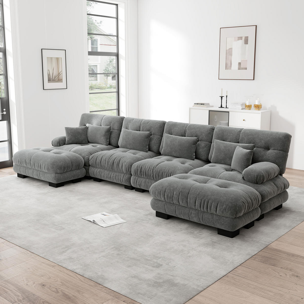 WOHNLANDSCHAFT Chenille Grau mit Ottomane - Grau, Textil (406/81/145cm) - WISHDOR