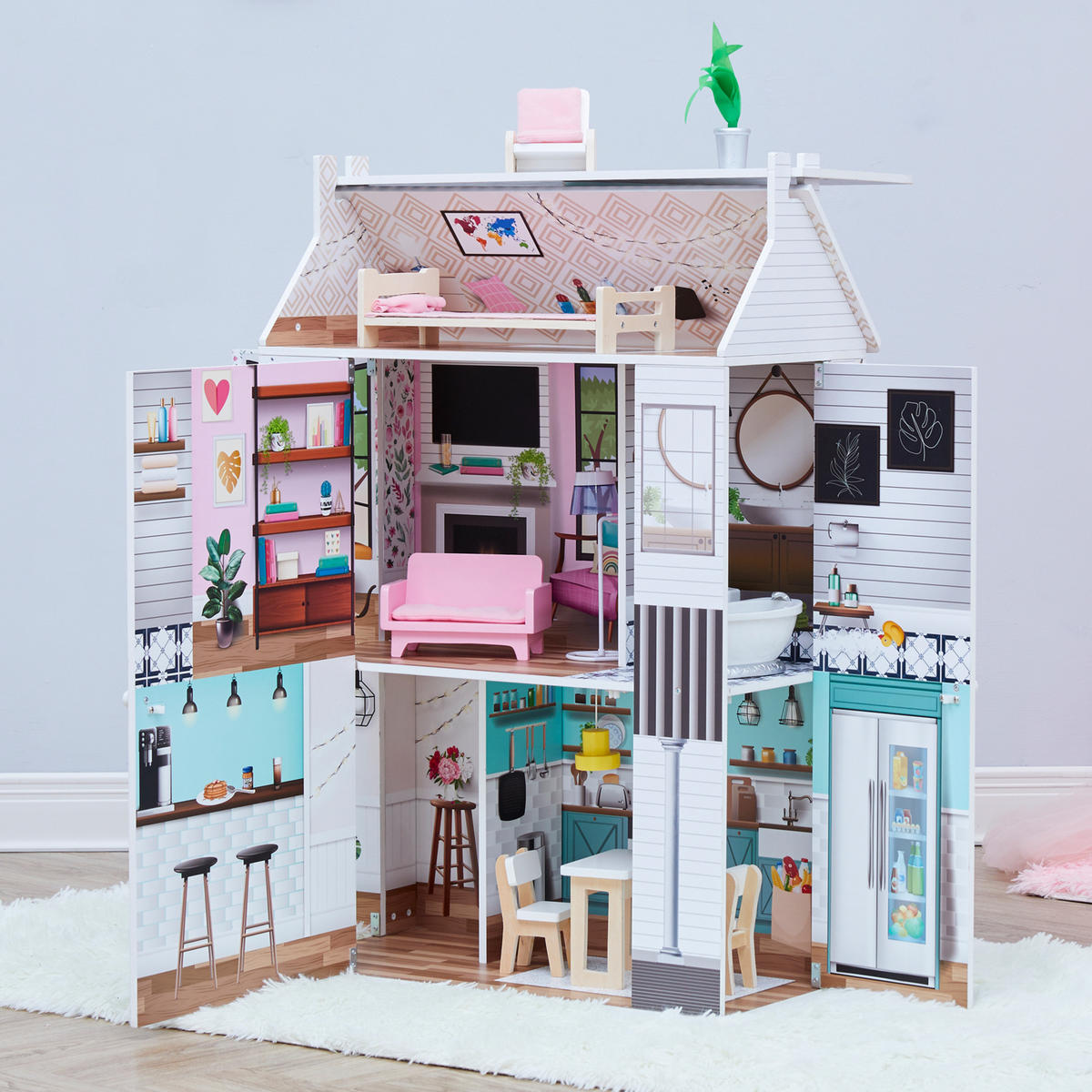 PUPPENHAUS im Bauernhausstil aus Holz, Mehrfarbig, 90cm - Grau, Holz (64/90/33cm) - Teamson Kids