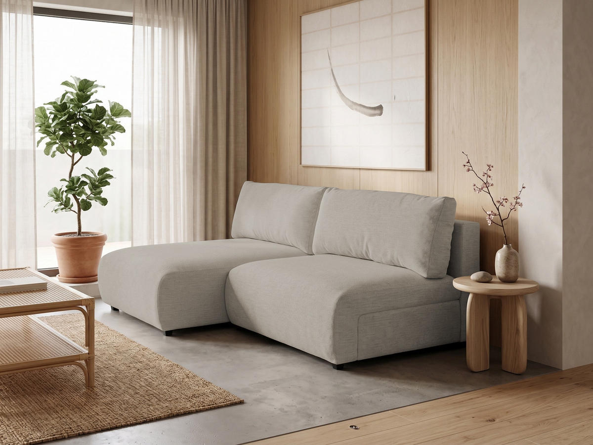 ECKSOFA Sora mit Schlaffunktion, Bettkasten und extra tiefer Komfortzone aus hochwertigem Taupe Strukturstoff - Taupe/Schwarz, Holz/Kunststoff (140/200cm) - S-Style