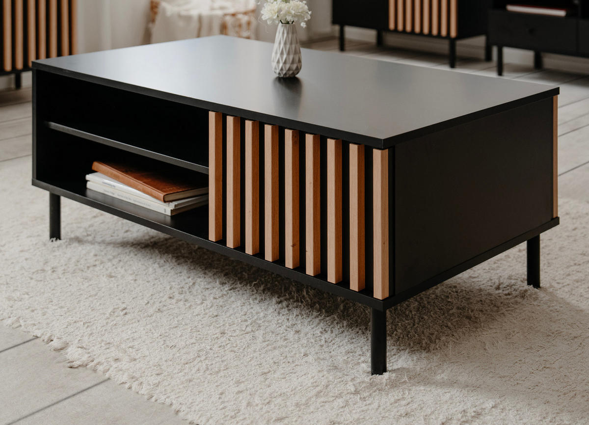 COUCHTISCH schwarz, Eiche 110 cm, Wohnzimmertisch mit Stauraum - Schwarz/Eiche Artisan, Holzwerkstoff/Metall (67/110.5/47cm) - Furn.Design