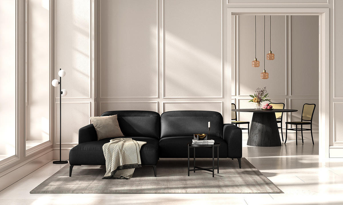 1,5-SITZER ECKSOFA mit Longchair - Schwarz, Leder/Metall (232/180cm) - home24