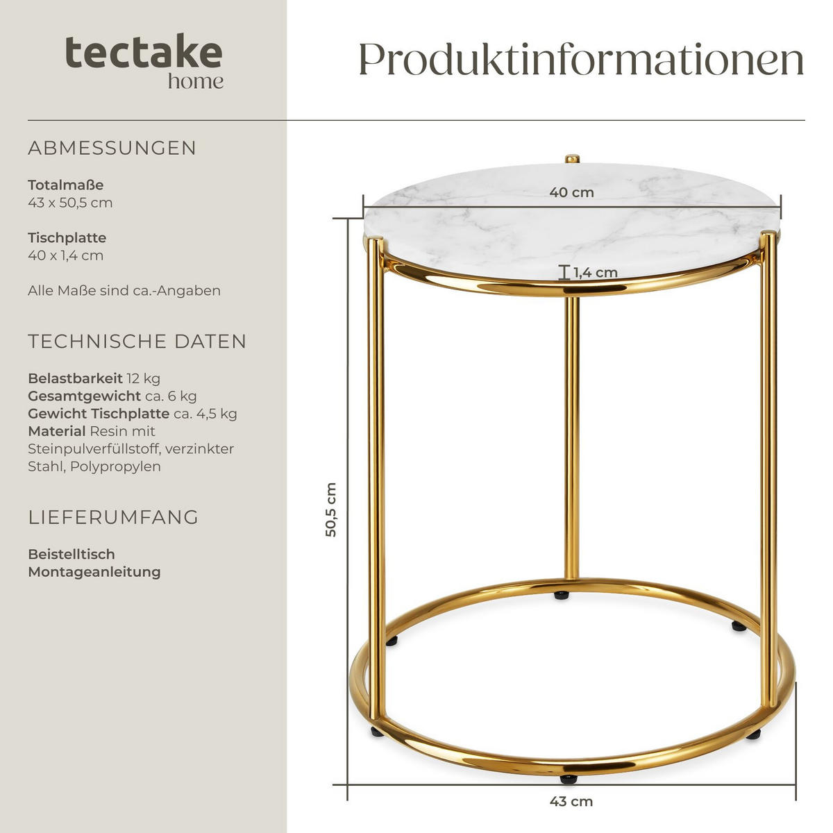 BEISTELLTISCH Ellsa, 43 x 43 x 50,5 cm, weiß/gold - Goldfarben/Weiß, Kunststoff (43/43/50.5cm) - tectake