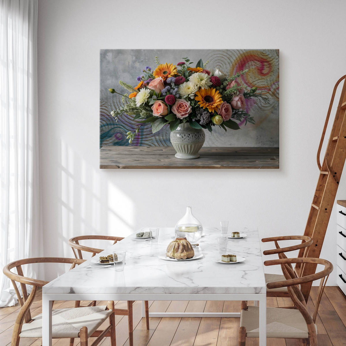 LEINWANDBILD für Wohnzimmer Blumenstrauß in Vase Ornamenten 70cm x 50cm - Blau/Beige, Textil (70/50cm) - Muralo