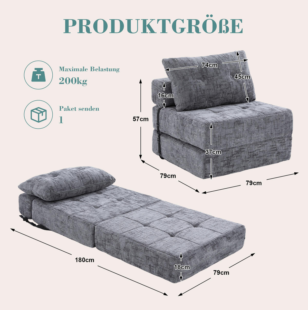 SCHLAFSESSEL klappbar Chenille Gray mit Kissen - Grau, Kunststoff (79/57/79cm) - Beauniv