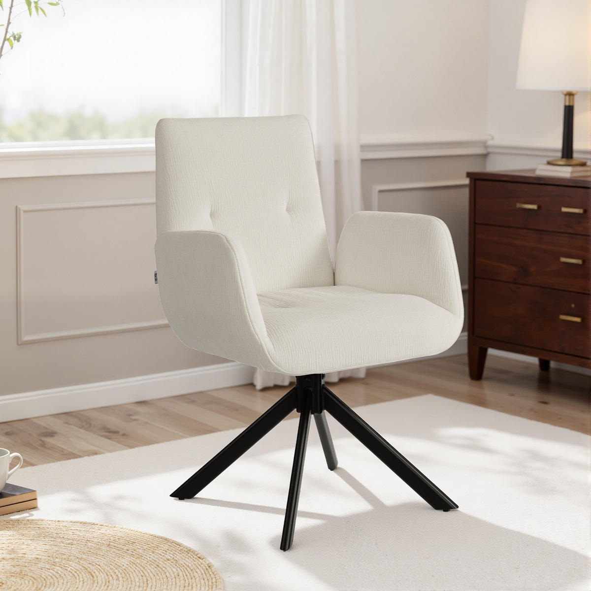 SESSEL Drehbar Loungesessel mit Armlehne Wolle-Leinenoptik Cremeweiß - Creme/Schwarz, Textil/Metall (61/88/60cm) - HOMCOM