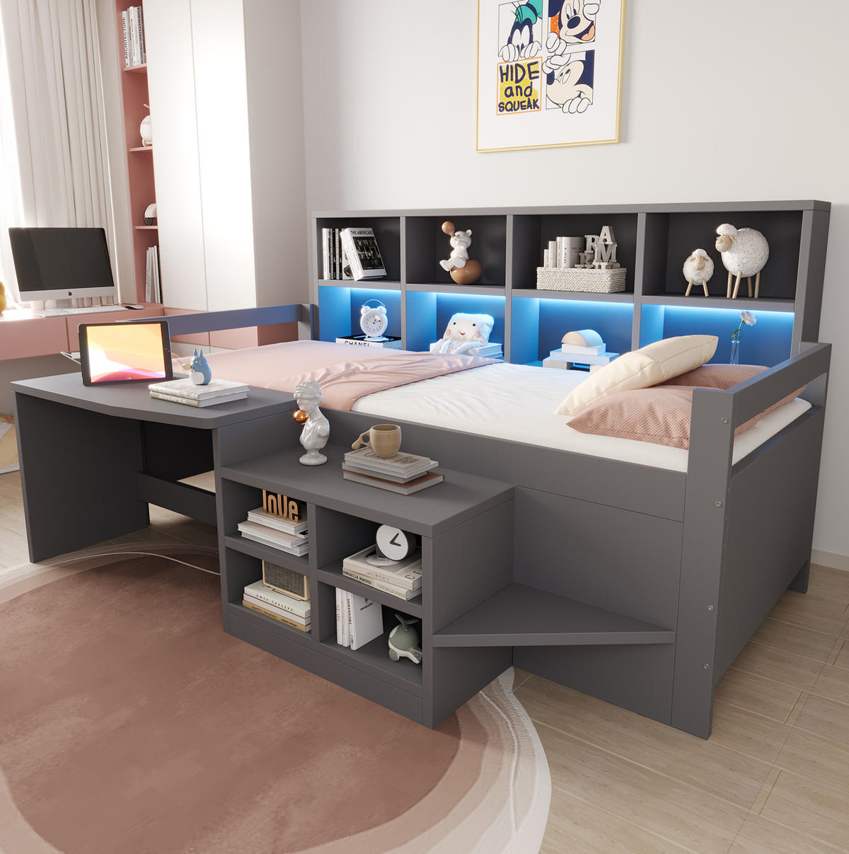 MULTIFUNKTIONSBETT 90/200 cm Grau mit Schreibtisch, Stauraum, LED und USB - Grau, Holz (90/200cm) - MIVRAY