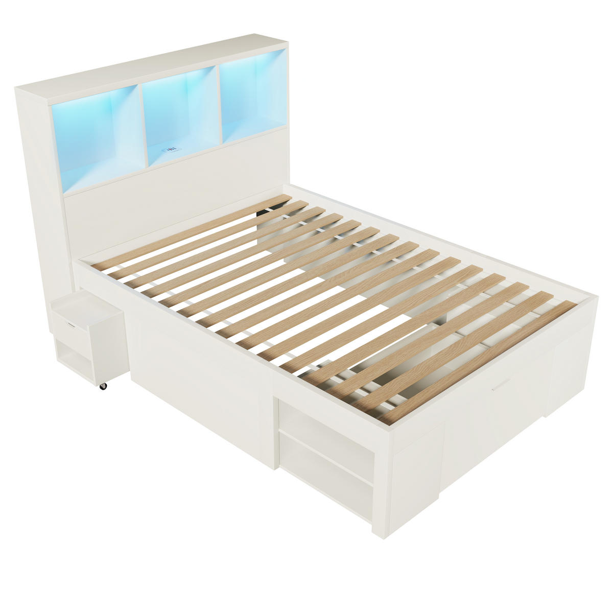 FUNKTIONSBETT 90/200 cm mit LED-Beleuchtung, USB-C, Stauraum und beweglichem Nachttisch aus Holz, Weiß - Weiß, Holzwerkstoff (90/200cm) - Redom