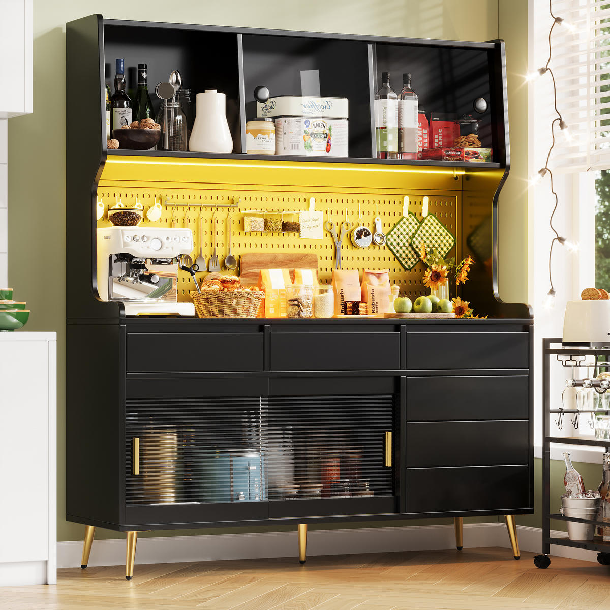 GESCHIRRSCHRANK aus MDF & Glas 145x39x171cm in Schwarz mit LED-App - Schwarz, Holzwerkstoff (145/171/39cm) - Modfu
