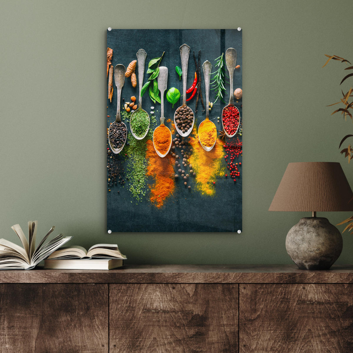 ACRYLGLASBILD Kräuter - Gewürze - Löffel 40x60 cm - Currygelb, Glas (40/60cm) - MuchoWow