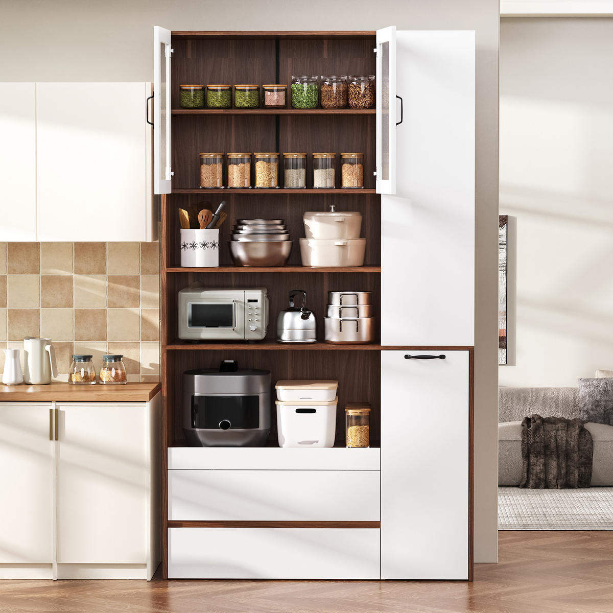 BUFFET Buffetschrank mit Riffelglas, offenen Fächern & Schubladen, Weiß/Holzoptik, modernes Stauraumsystem, MDF - Walnussfarben/Weiß, Glas/Holzwerkstoff (100/200/40cm) - EVRYAE